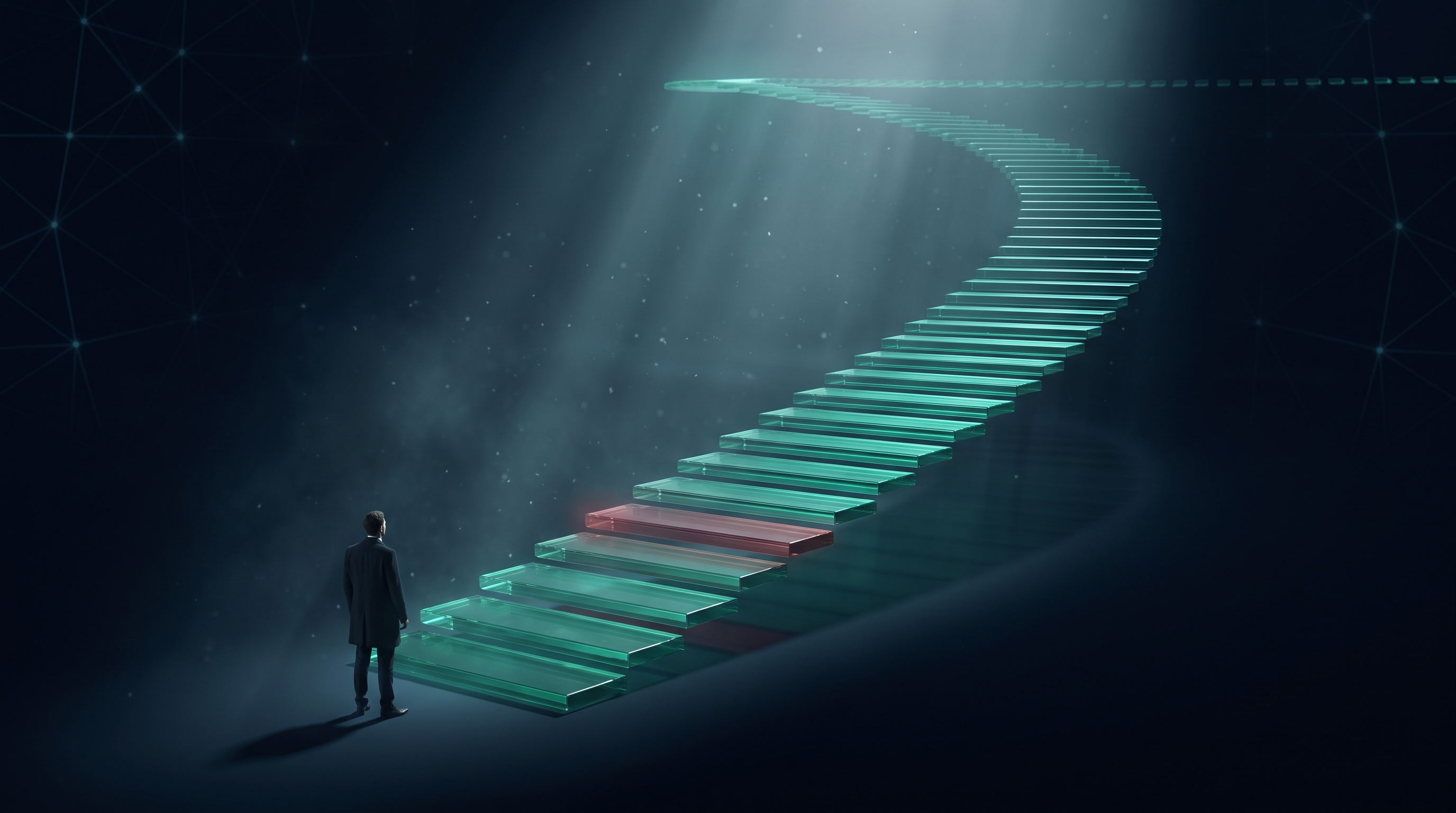 Conceptual render of a receding pathway of glowing emerald steps rising into the distance, the gaps widening the further away they get, tracing a curve that flattens over time