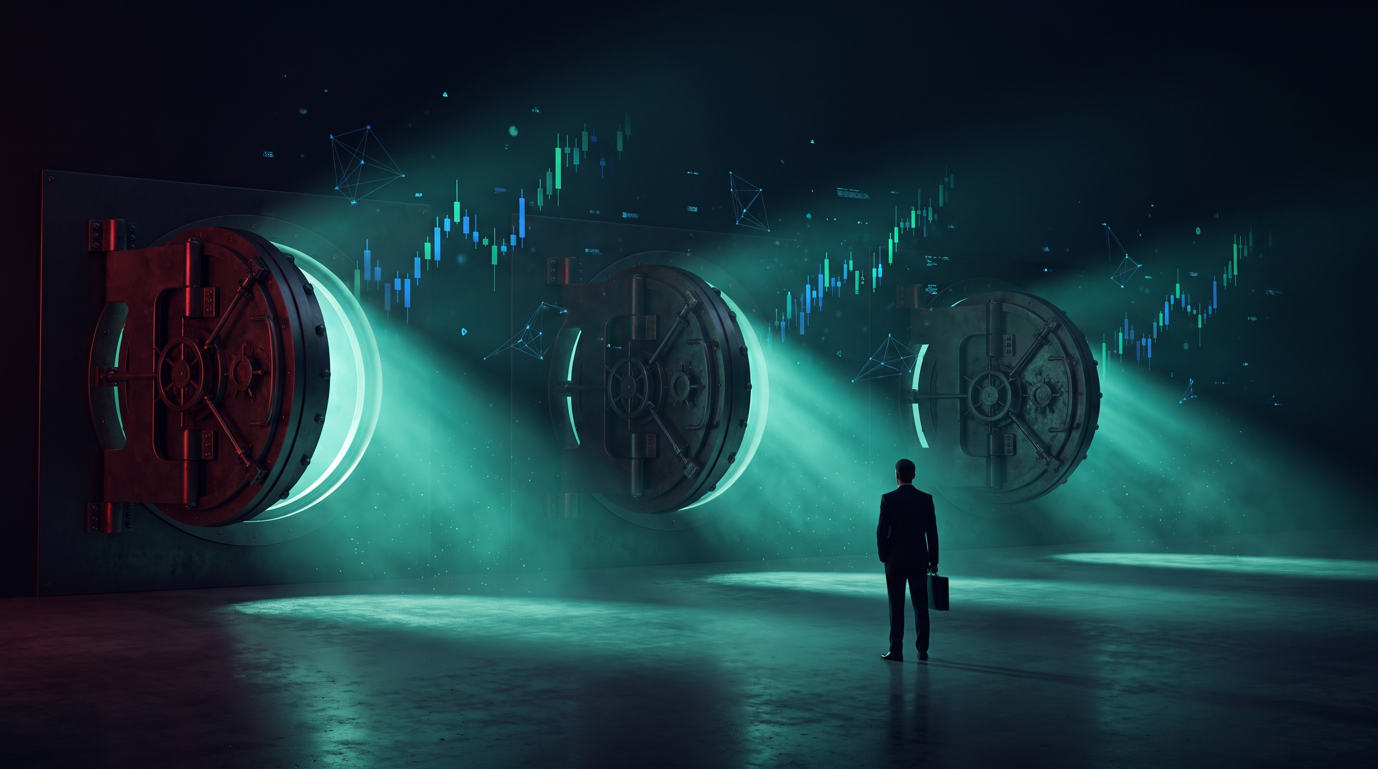 Conceptual render of three separate circular vault doors in a dark wall, each spilling its own distinct beam of emerald-teal light, with a lone suited figure seen from behind