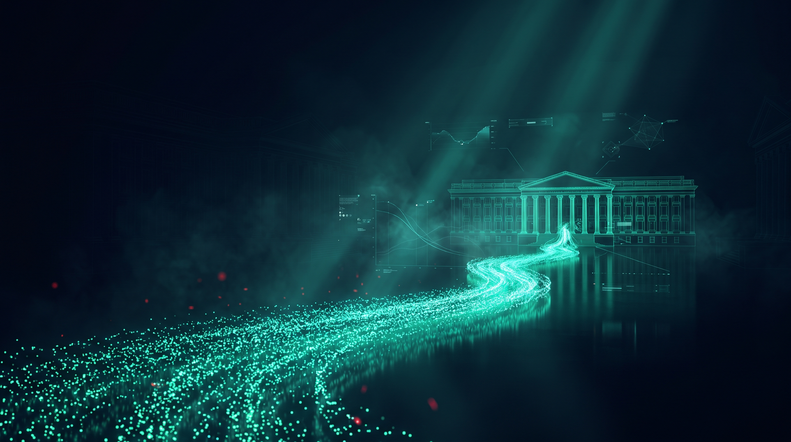 Conceptual render of a wide river of emerald-teal light particles flowing across a dark floor and compressing into a narrow channel before a glowing wireframe treasury colonnade