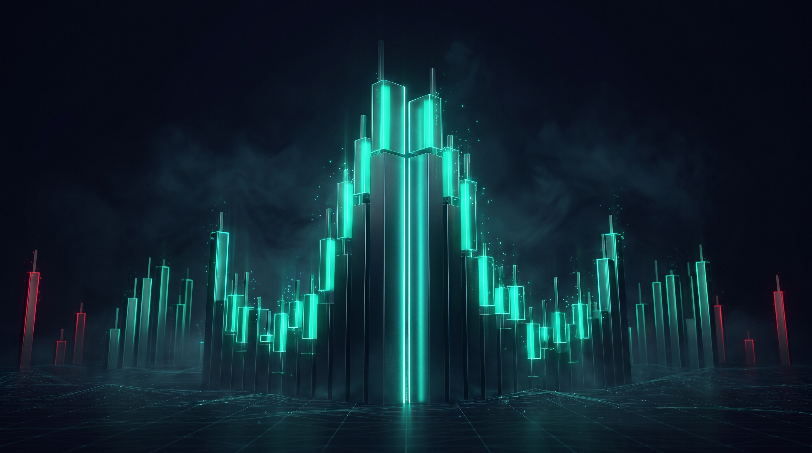 Conceptual render of a nocturnal skyline of glowing teal candlestick towers with one central tower cleaving into two narrower towers of the same total height