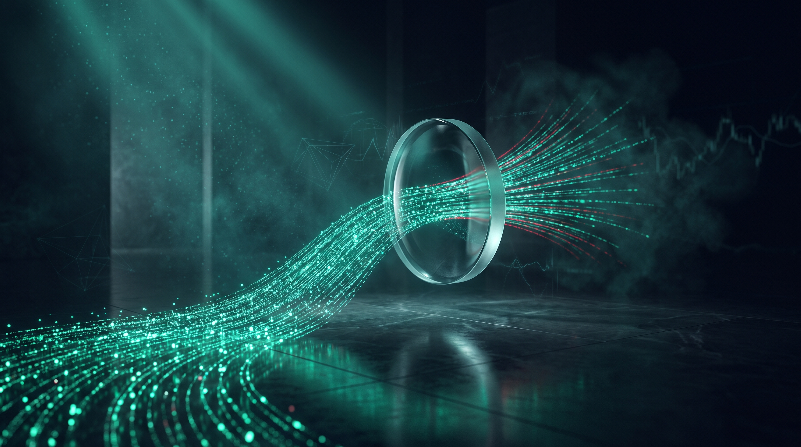 A cinematic render of a stream of glowing teal particles bending as it passes through a floating glass lens, representing how second-order greeks bend an options position's delta