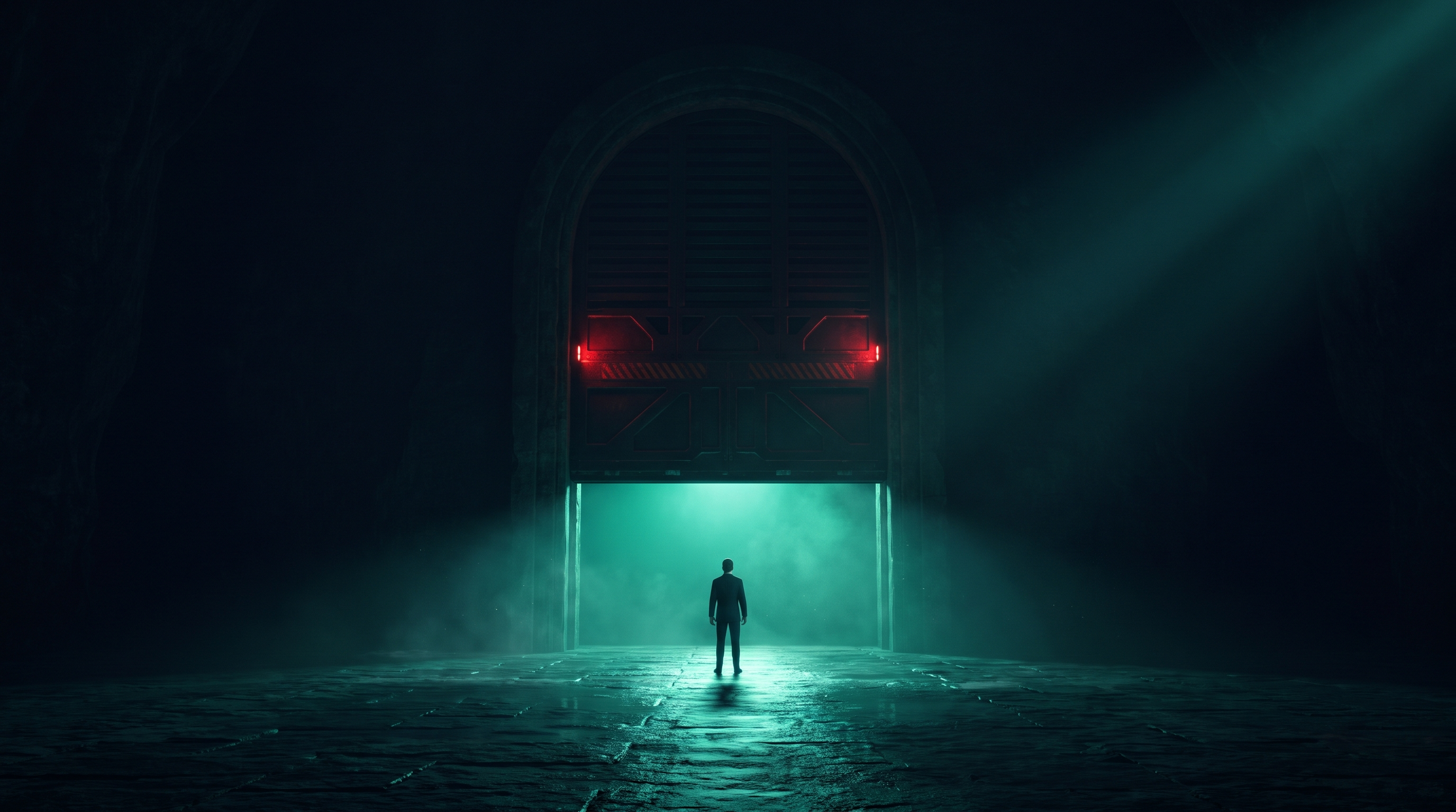 A cinematic render of a lone figure facing a towering teal archway that is half shuttered, with only a narrow band of light spilling through, representing a shortened trading session