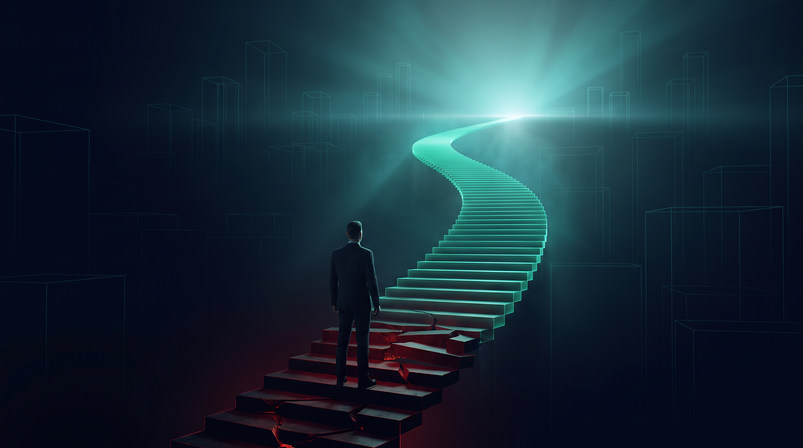 A cinematic render of a glowing teal staircase climbing toward a bright horizon with its lowest steps cracked and dimmed to crimson, representing how an early bad sequence changes a trader's path