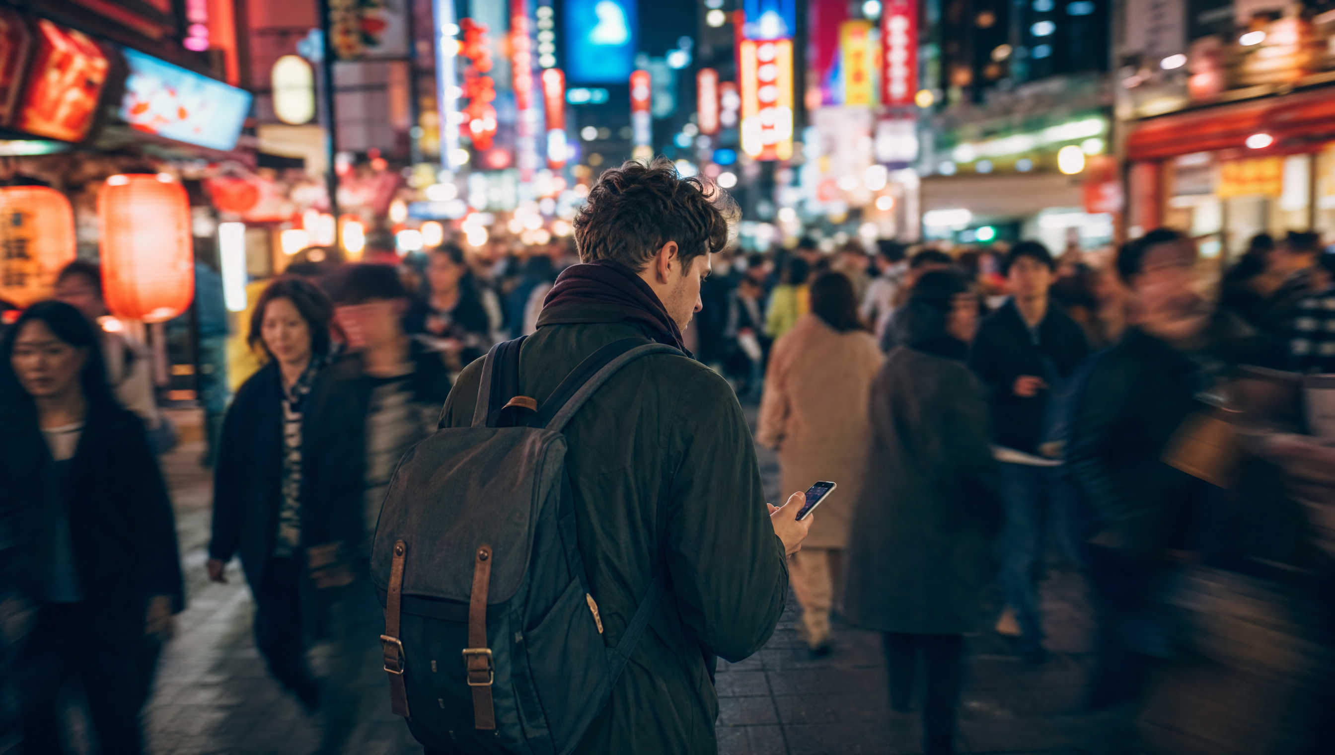 Voyageur dans un marché nocturne de Tokyo, néons en arrière-plan, téléphone à la main