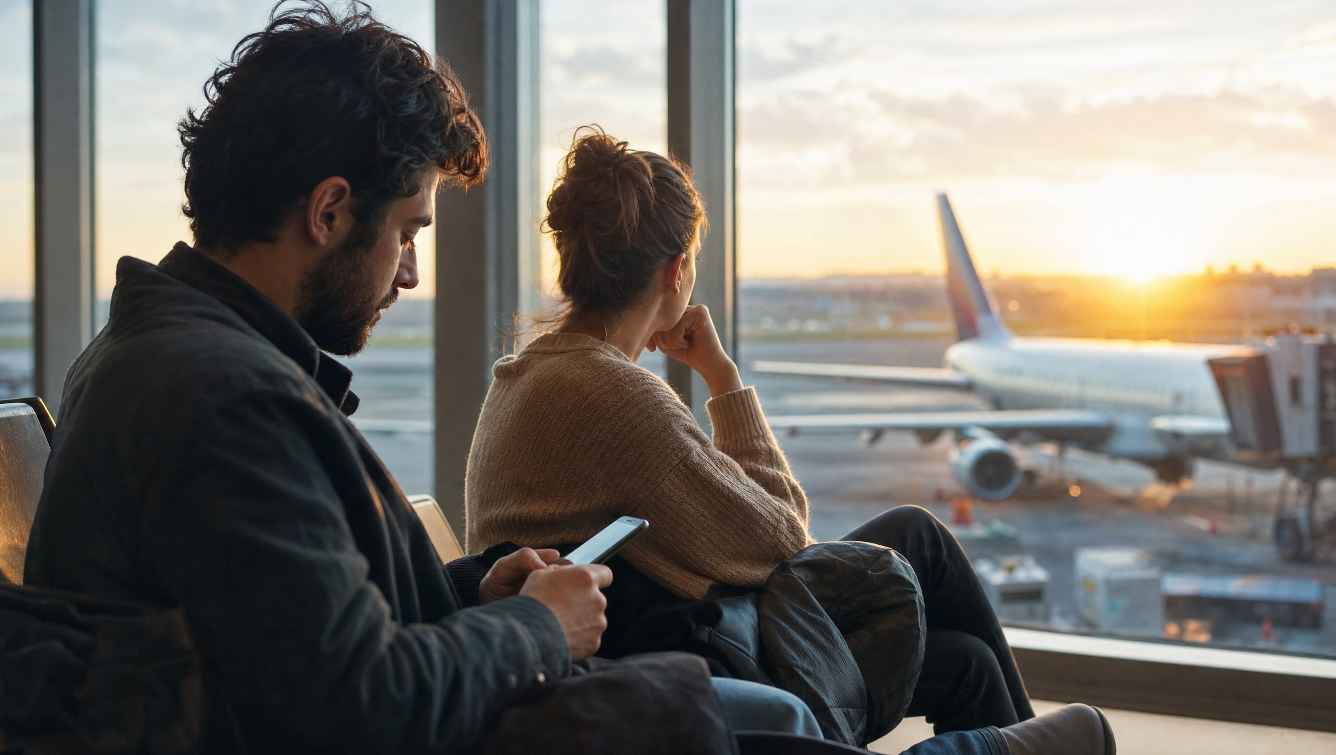 Couple à un salon d'embarquement au lever du soleil, un téléphone en main