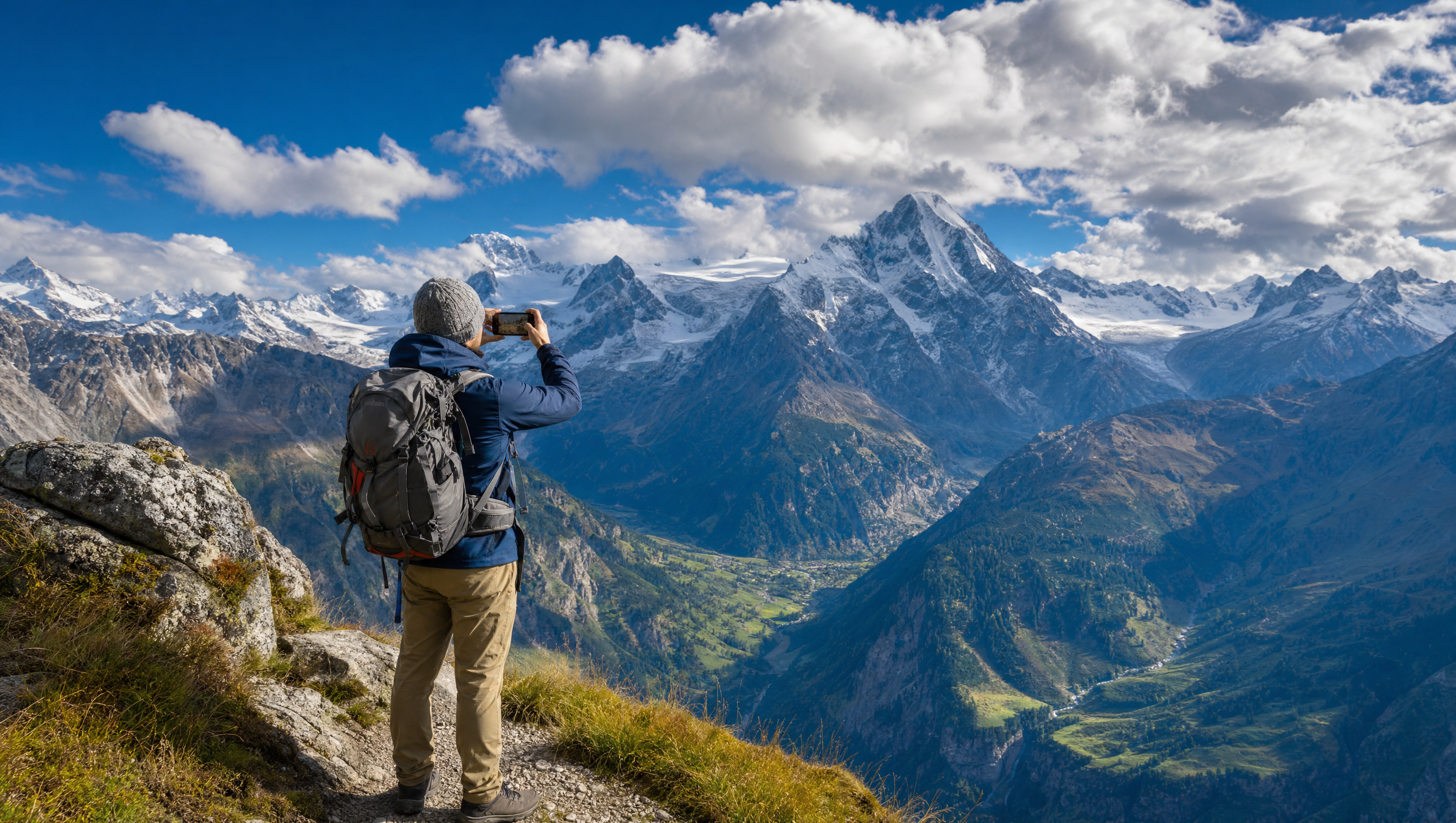 Randonneur dans les Alpes suisses, téléphone levé pour photographier le paysage