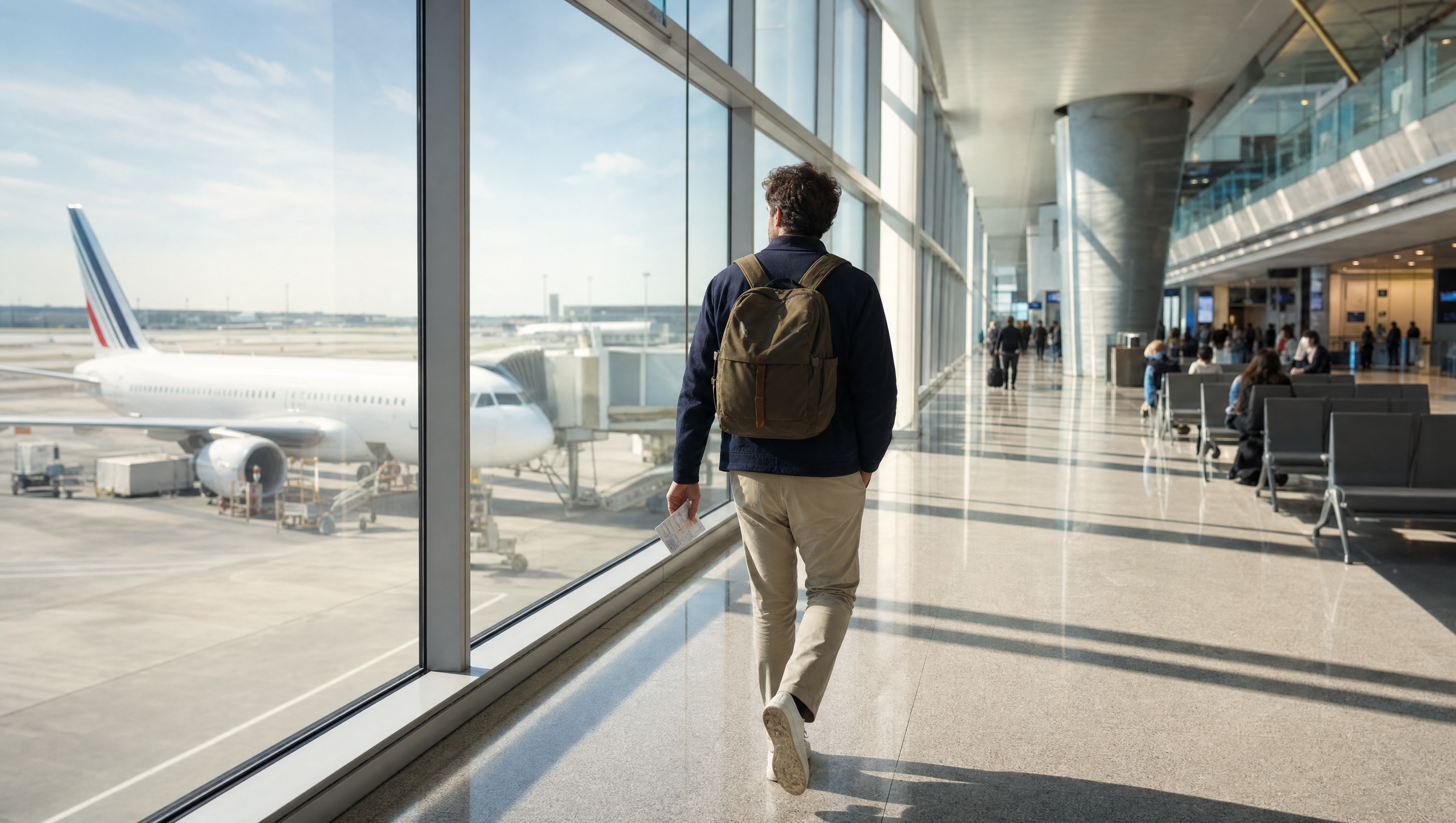Voyageur traversant un terminal ensoleillé vers une porte d'embarquement Air France, carte à la main