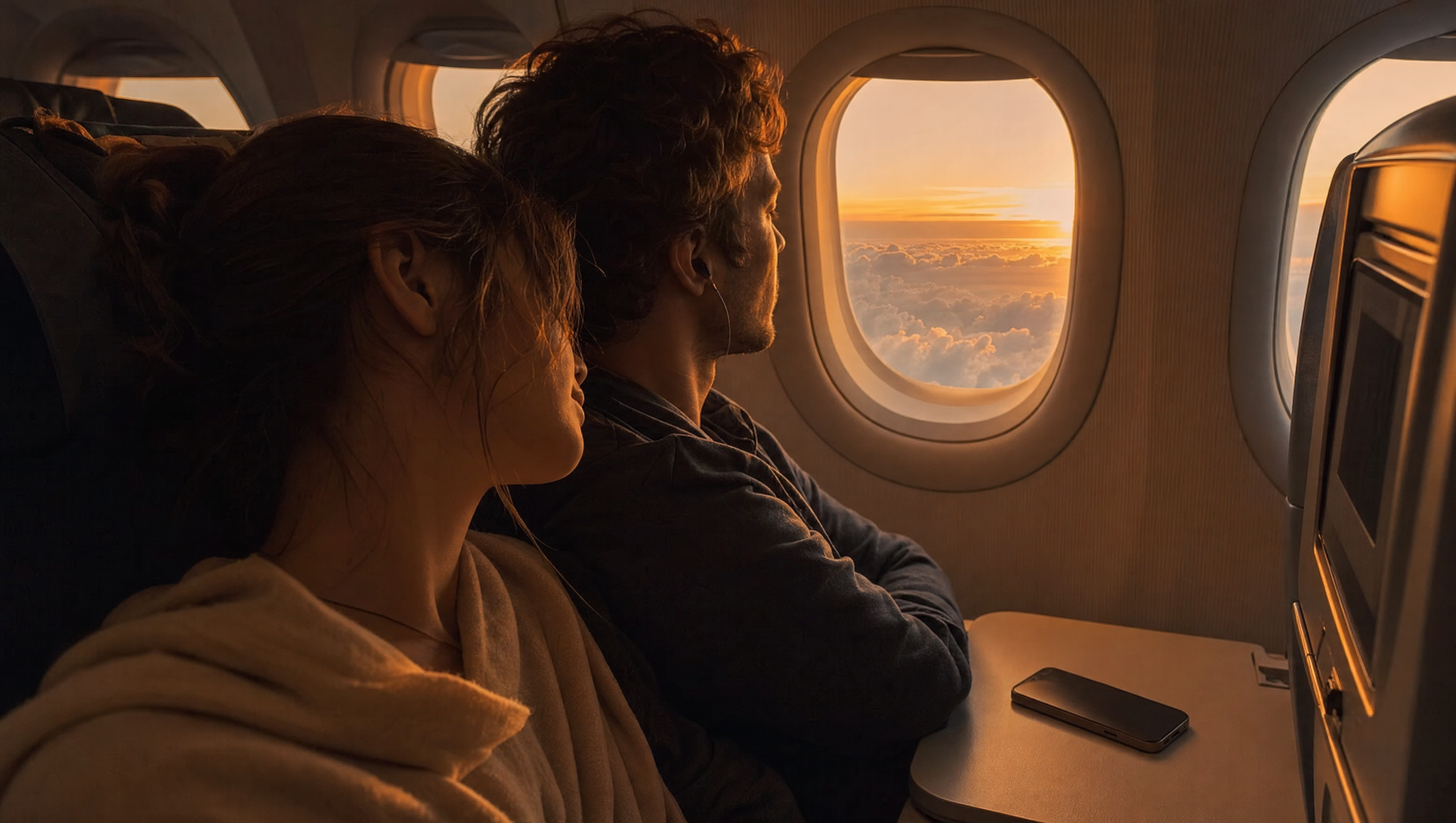 Couple en vol long-courrier, téléphone posé face contre table, coucher de soleil par le hublot
