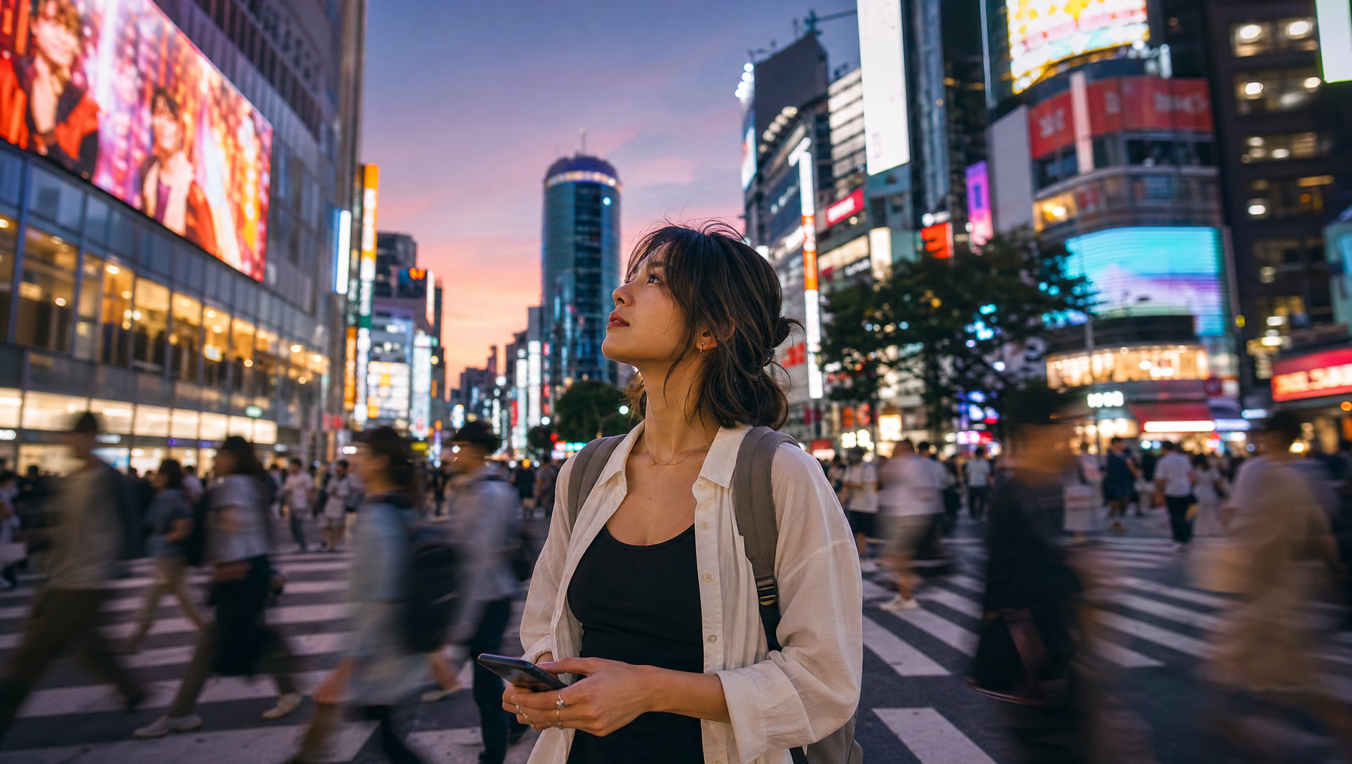 Voyageur solo traversant Shibuya au crépuscule, néons en arrière-plan, téléphone tenu bas