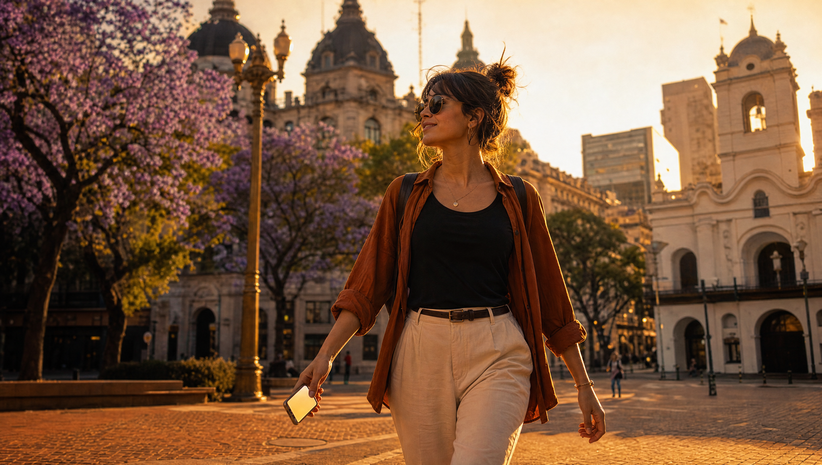 Voyageuse traversant une place de Buenos Aires au coucher du soleil