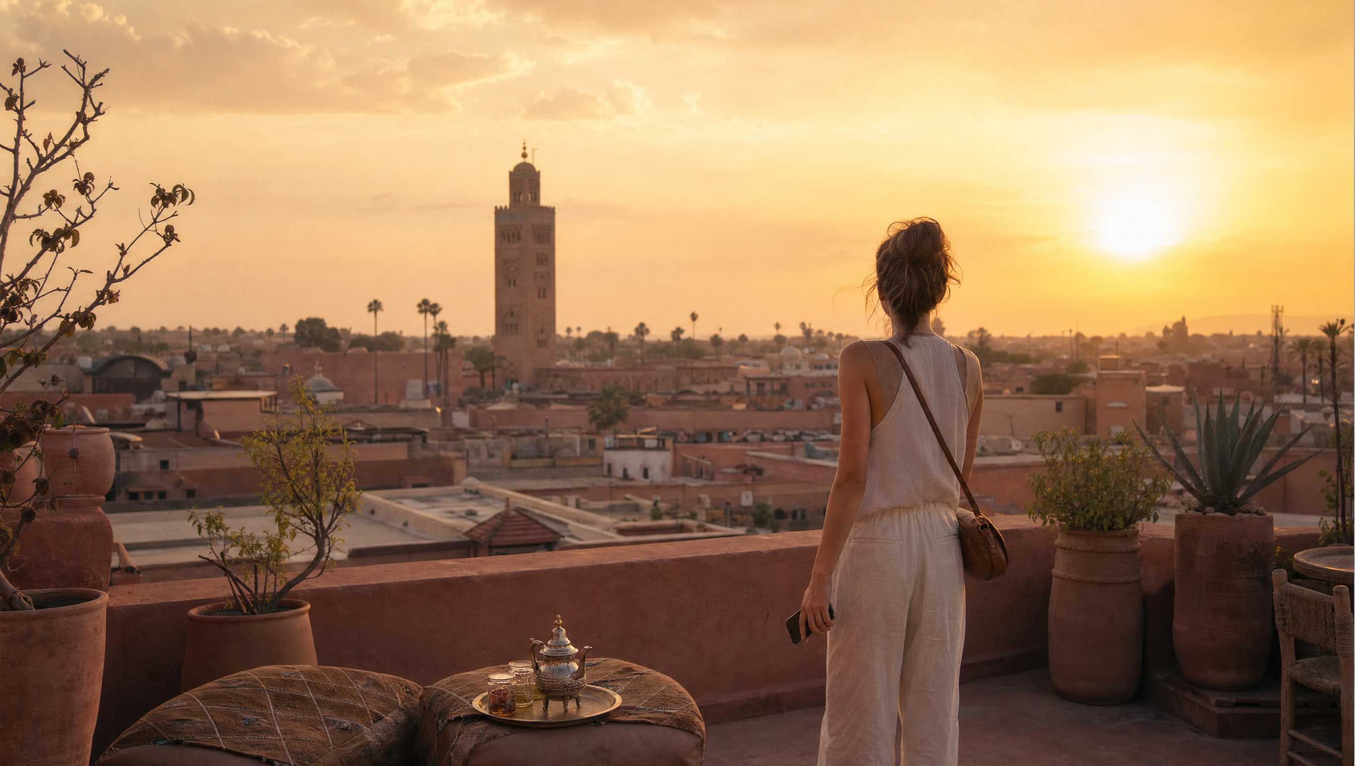 Une voyageuse contemple le coucher de soleil sur les toits de la médina de Marrakech, la Koutoubia se détachant à l'horizon