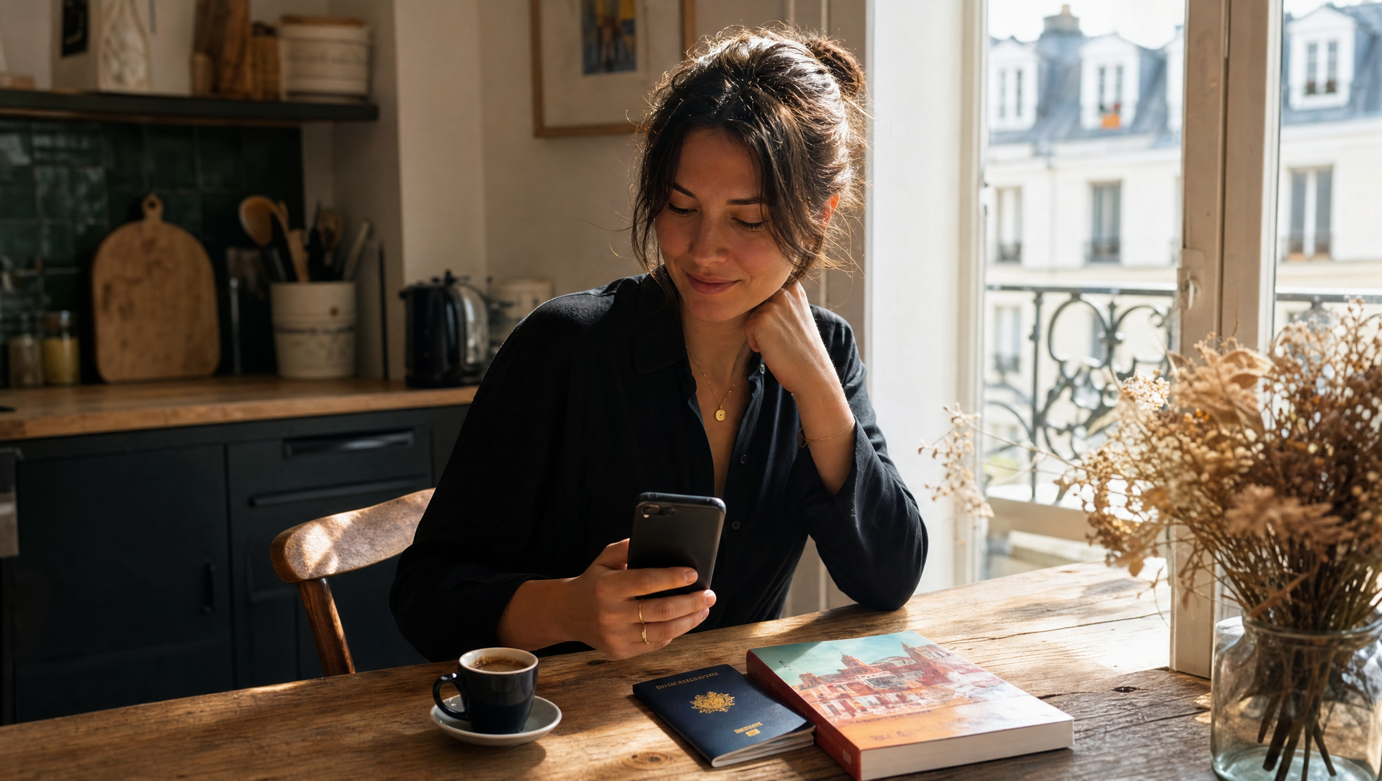 Préparatifs de voyage à la maison : passeport, guide du Maroc et téléphone posés sur la table avant le départ