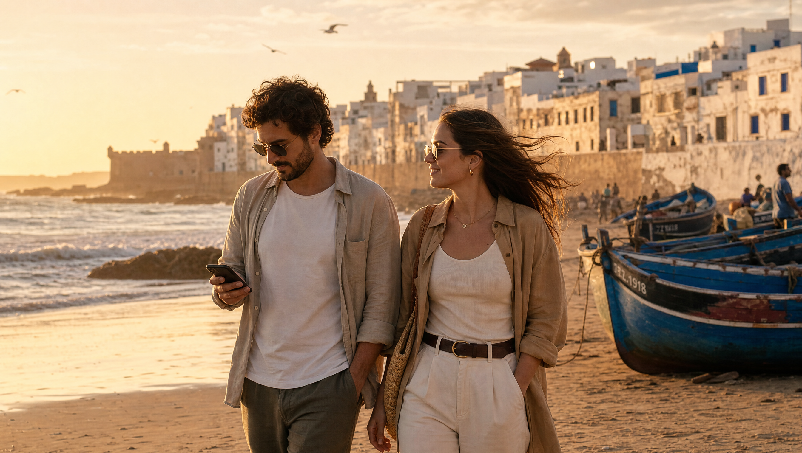 Un couple se promène le long des remparts d'Essaouira au coucher du soleil, entre bateaux de pêche et médina blanche