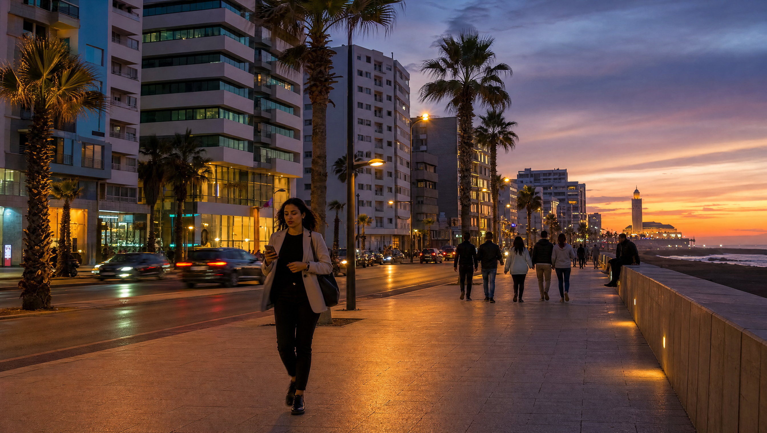 La Corniche de Casablanca au crépuscule, entre immeubles modernes, palmiers et front de mer