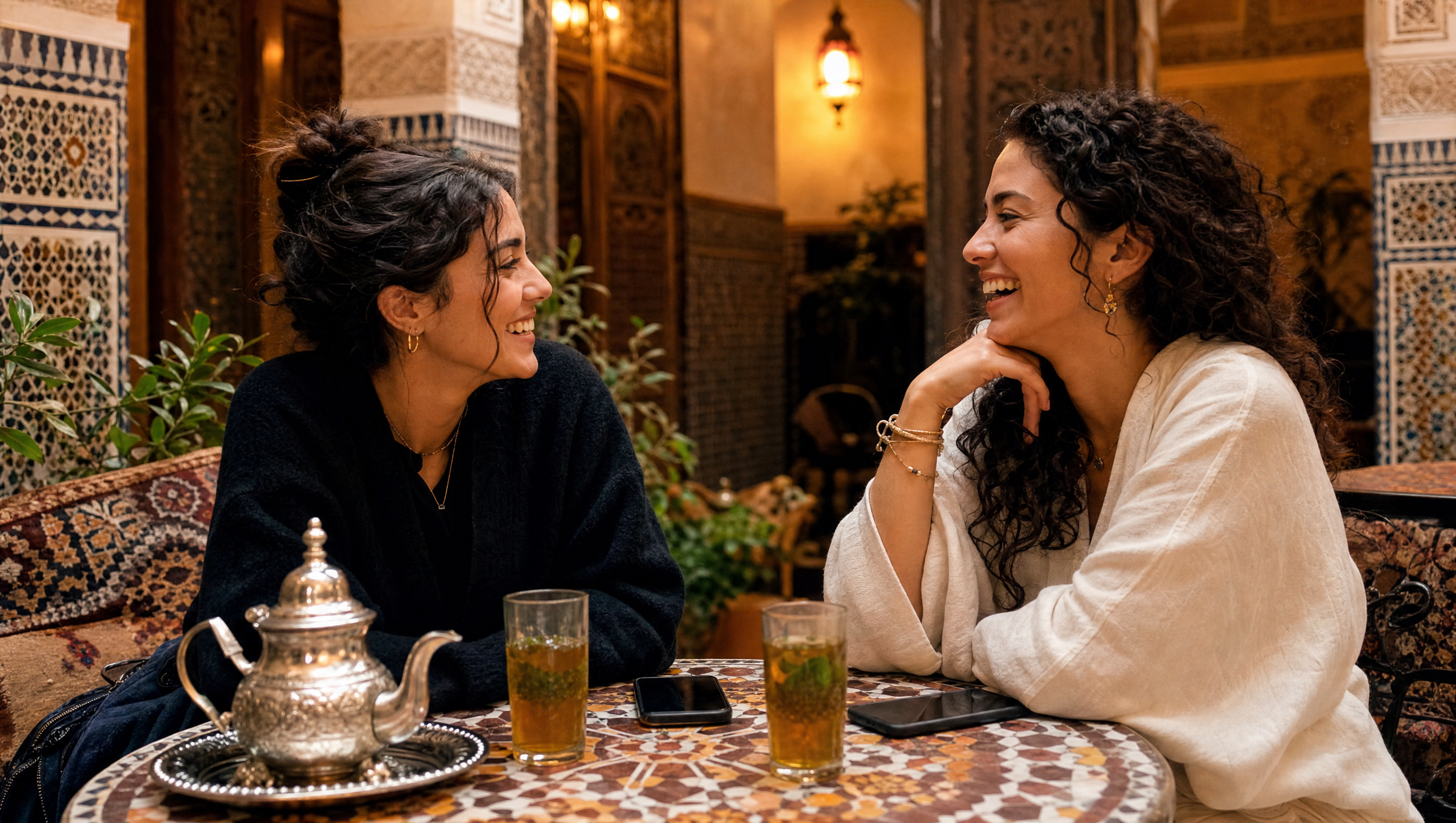 Deux amis partagent un thé à la menthe dans un café traditionnel marocain, décor de zellige et lumière chaude