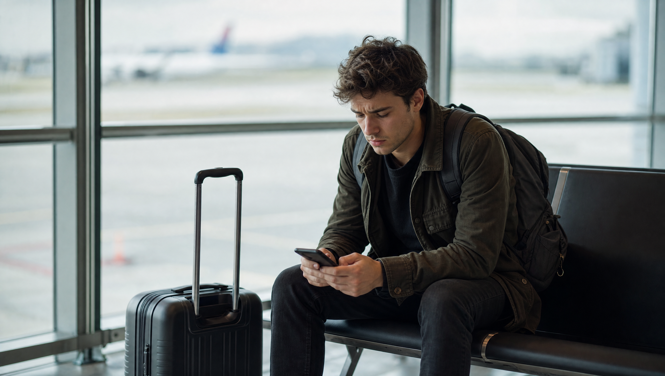 Voyageur assis dans un aéroport, téléphone à la main, air préoccupé