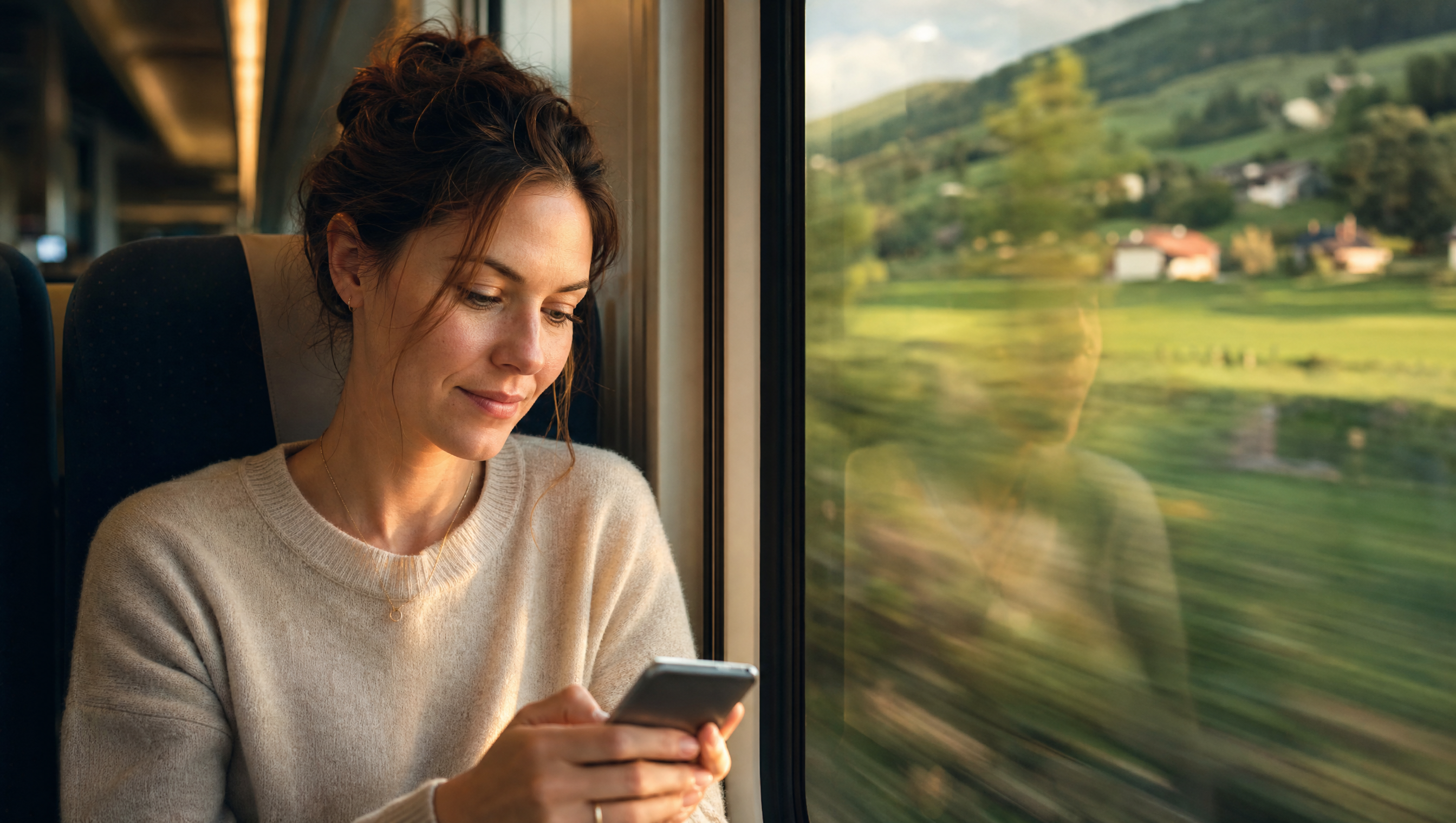 Voyageuse au téléphone devant une fenêtre de train, campagne européenne en arrière-plan