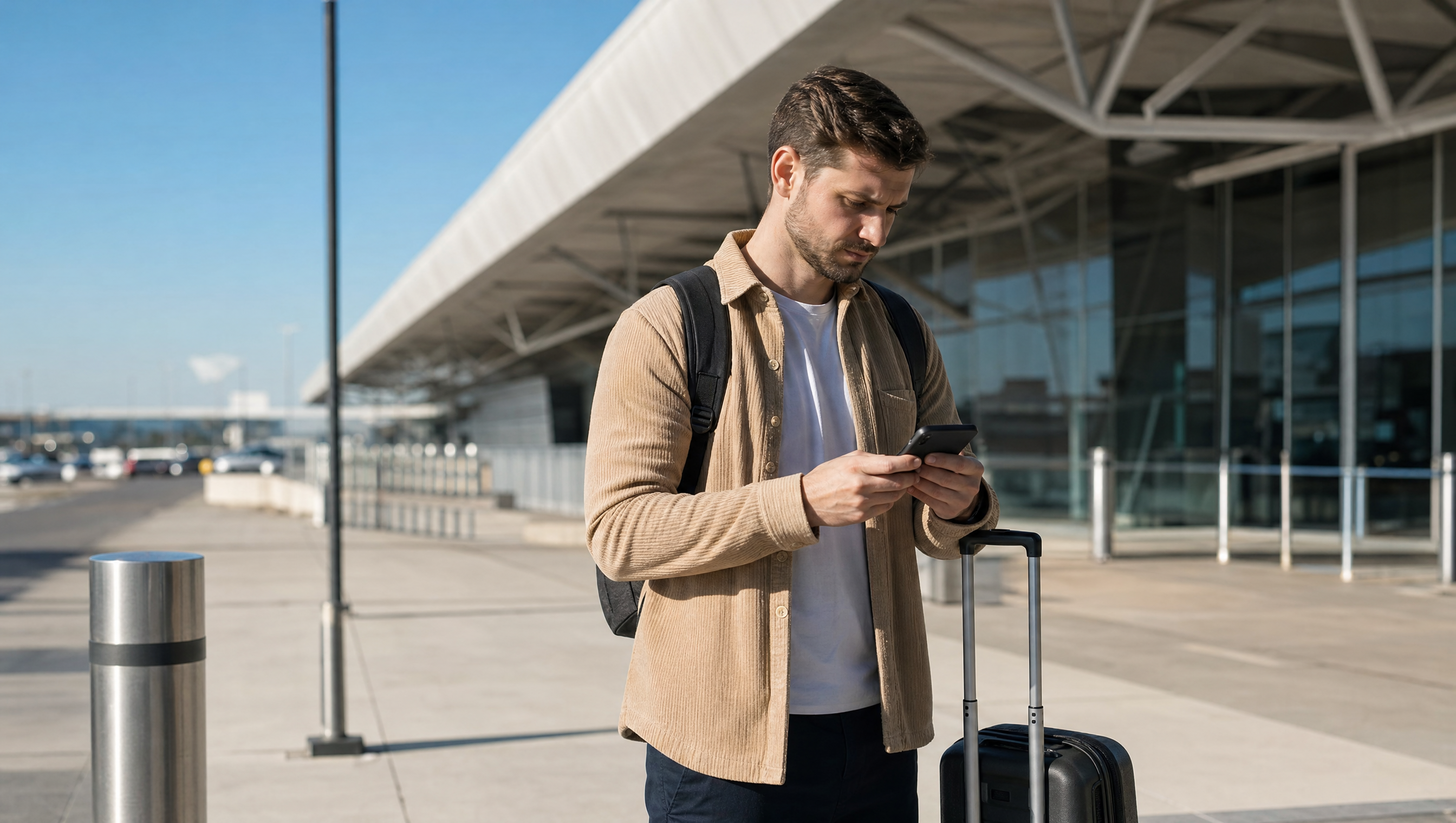 Voyageur à l'entrée d'un aéroport, téléphone en main, valise à côté