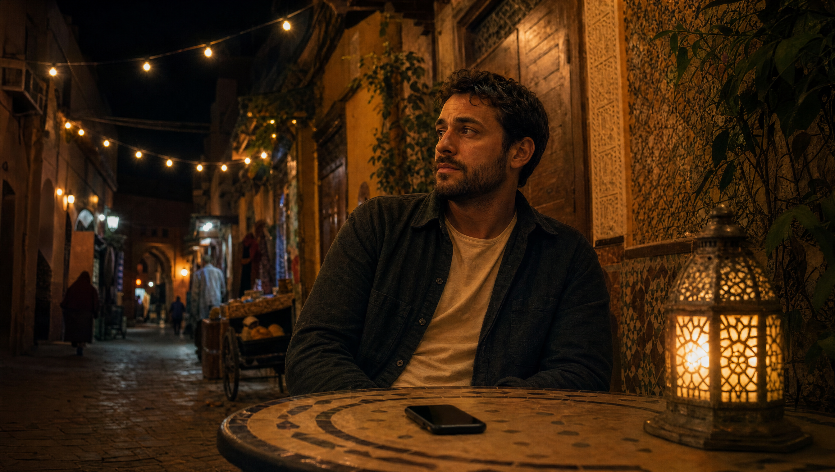 Téléphone posé face contre table dans un café d'une médina marocaine, la nuit