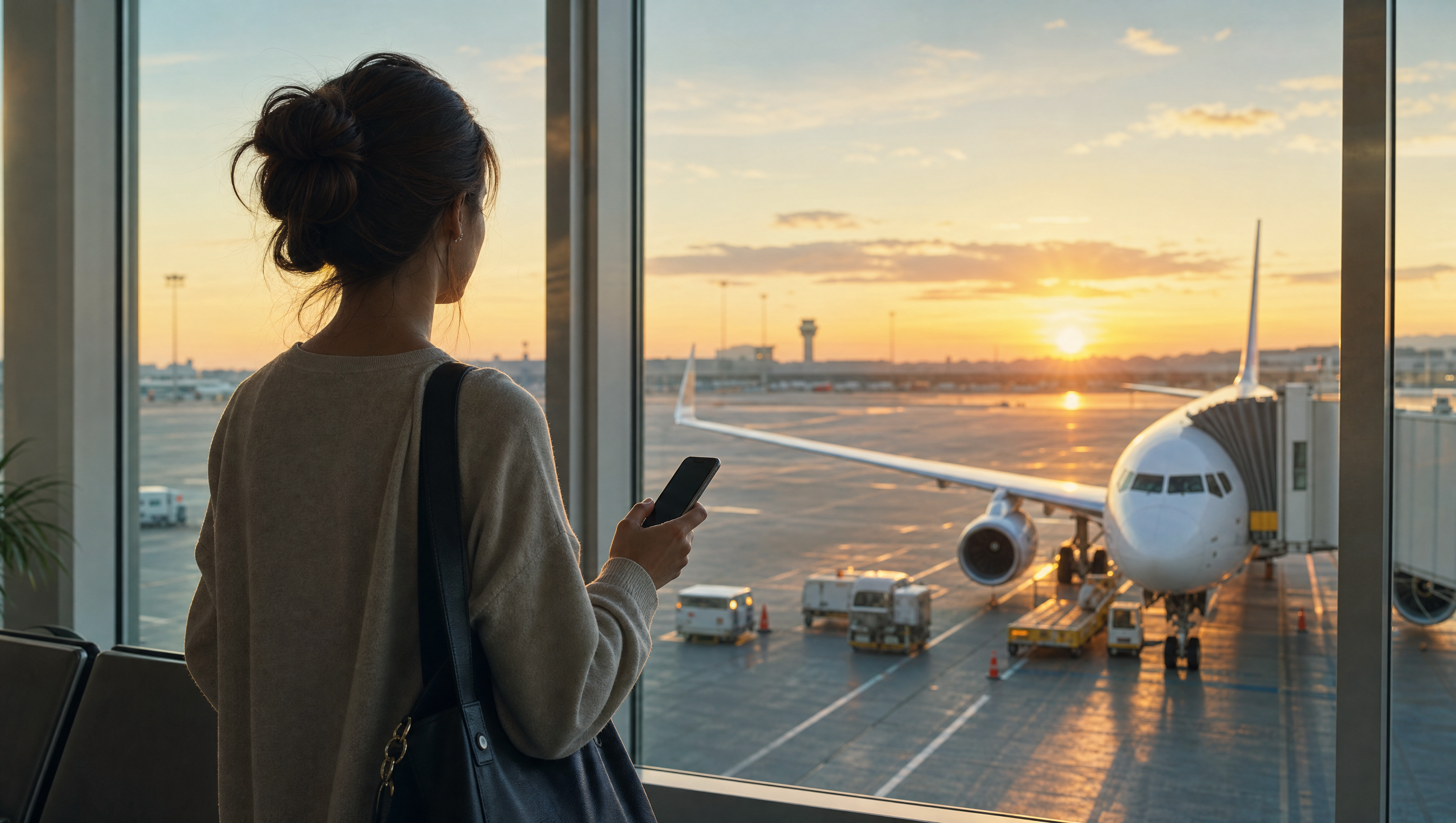 Voyageuse au téléphone devant la fenêtre d'un salon d'embarquement, avion sur le tarmac au lever du soleil