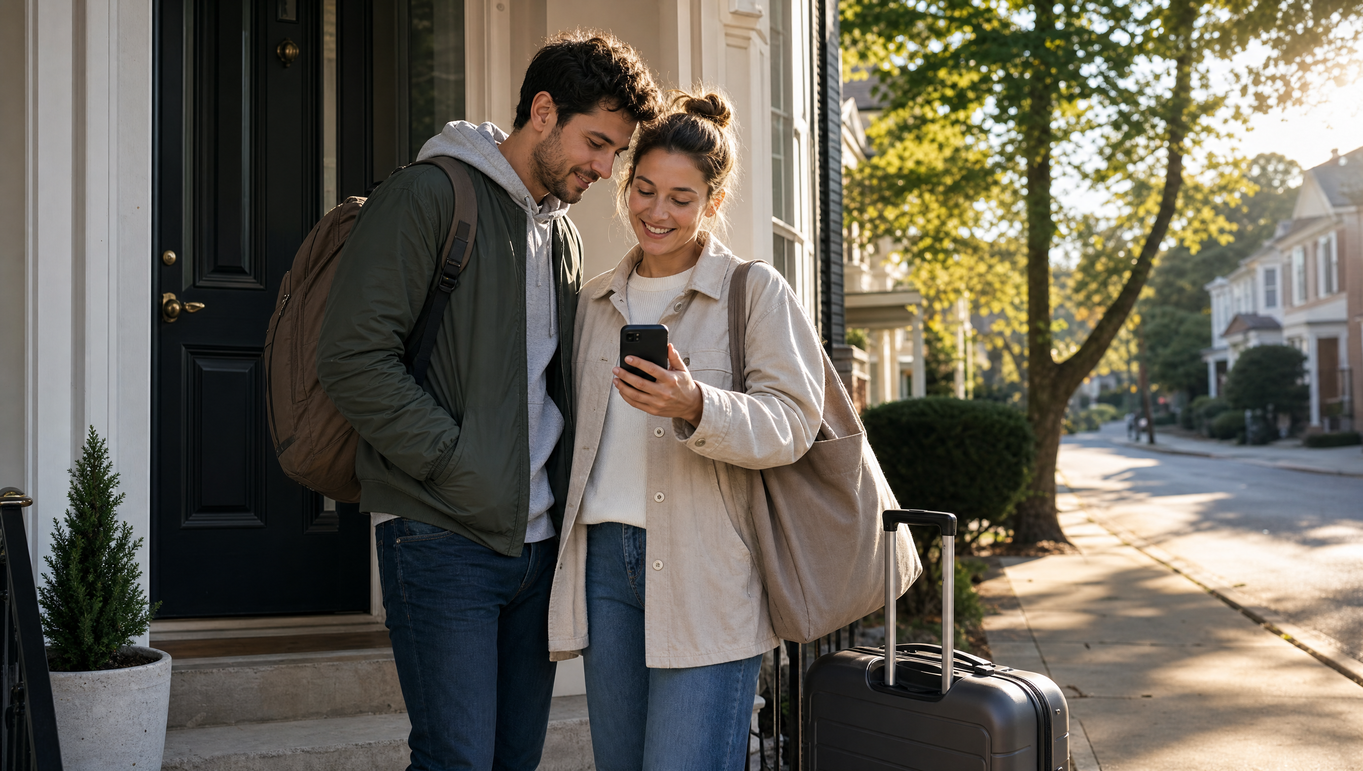 Couple vérifiant son téléphone avant le départ, valise près de la porte d'entrée, lumière du matin