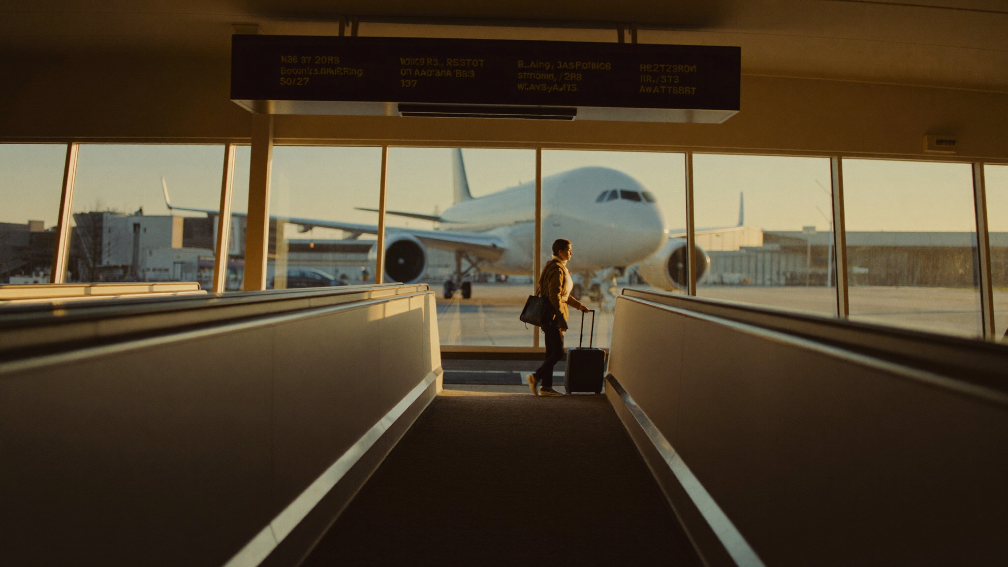 Traveller boarding a long-haul aircraft at a modern international airport departure gate, golden evening light
