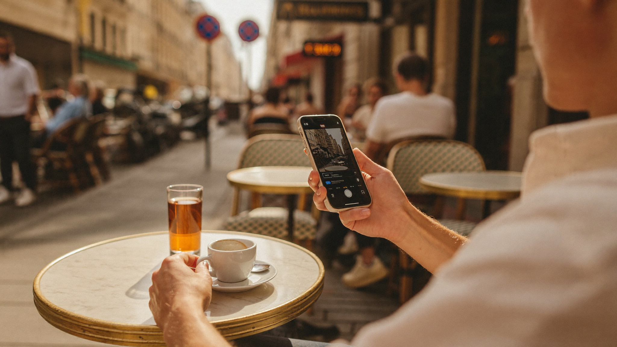 Voyageur assis dans un café animé à l'étranger, téléphone posé sur la table avec un signal actif, espresso en main
