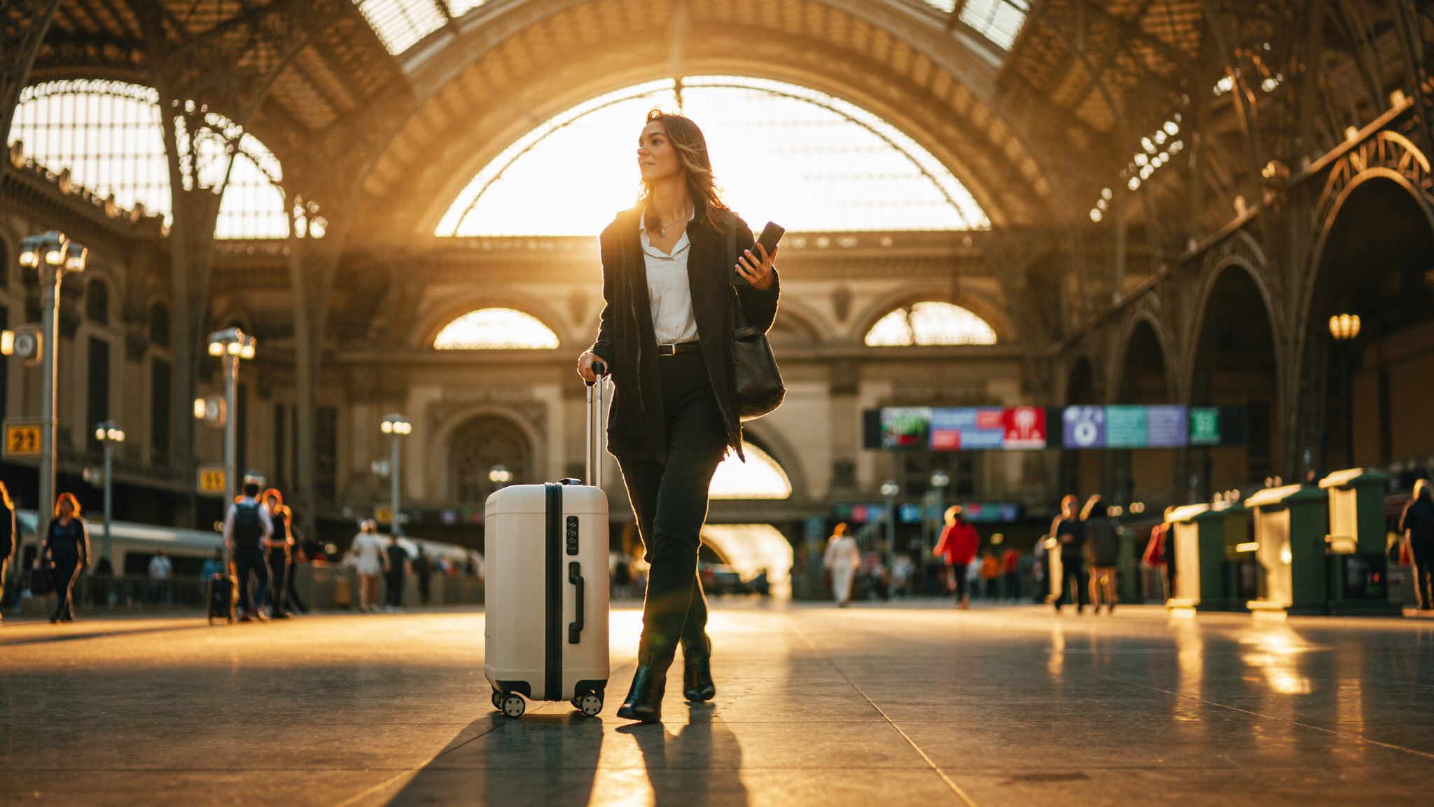 Voyageur seul dans une gare européenne ensoleillée, valise à roulettes et téléphone en main