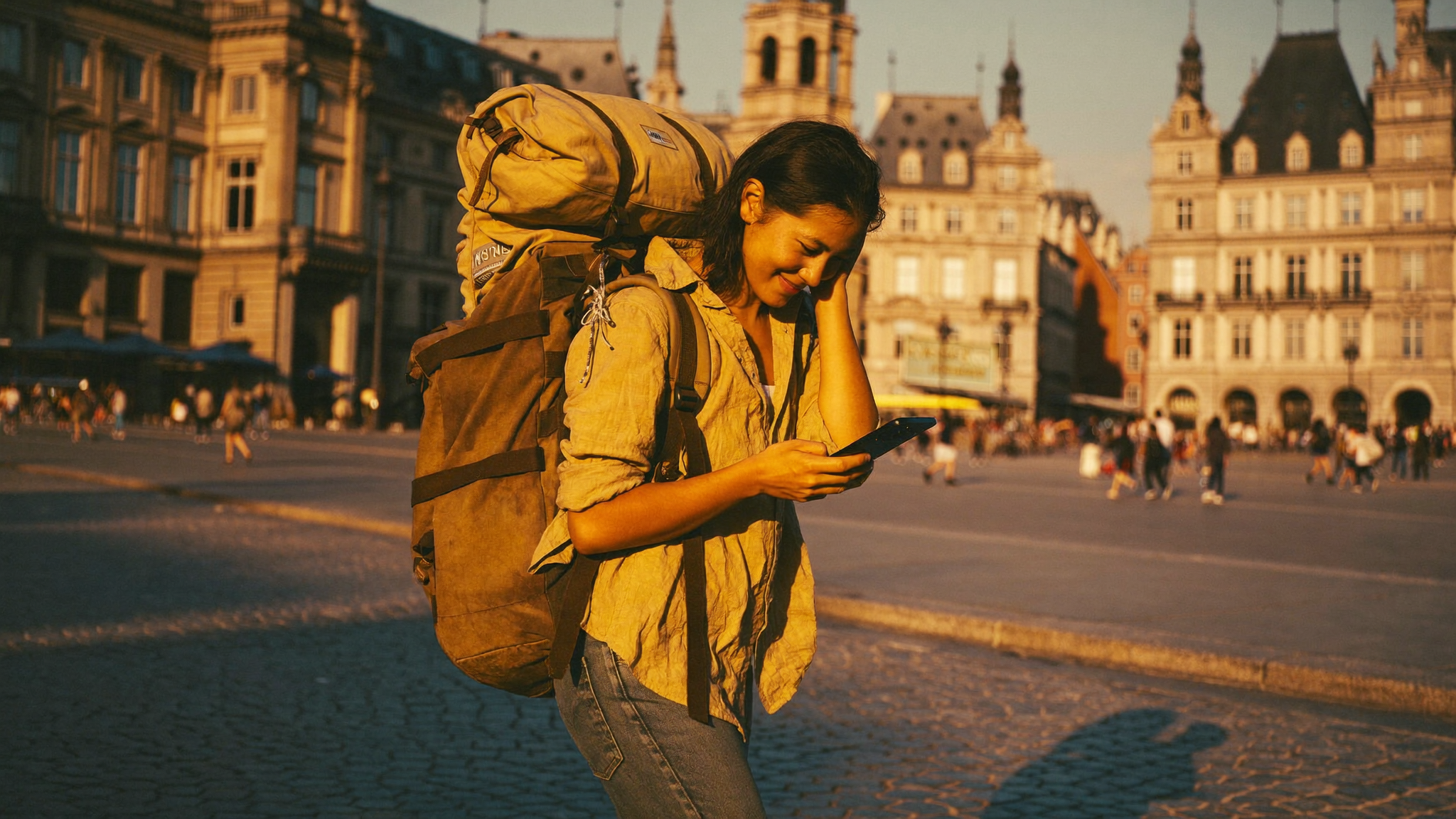 Voyageur avec sac à dos arrivant sur une place historique ensoleillée, consultant son téléphone pour se repérer, lumière dorée de l'après-midi