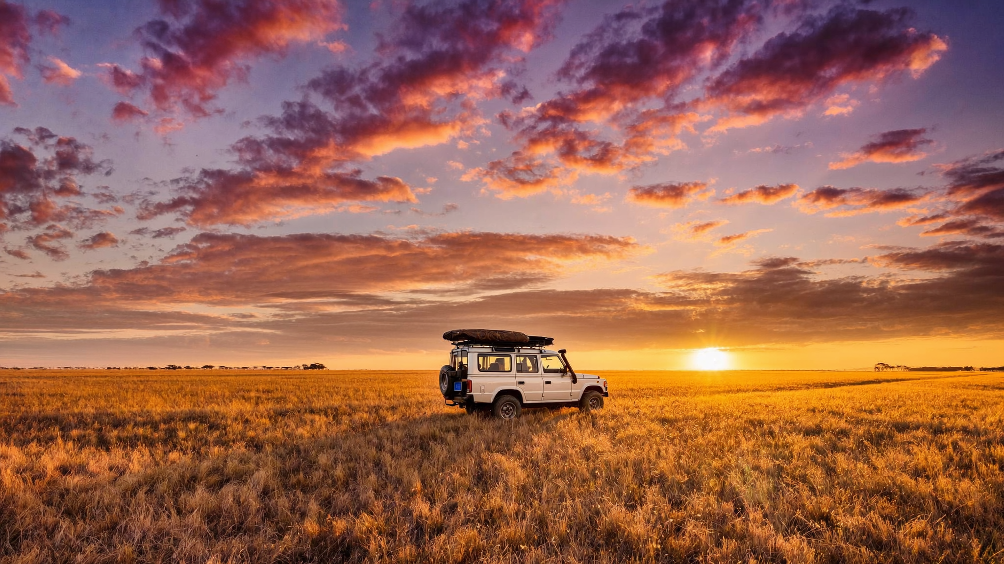 Safari Land Cruiser driving at sunrise across the golden Maasai Mara savannah, vast open sky above