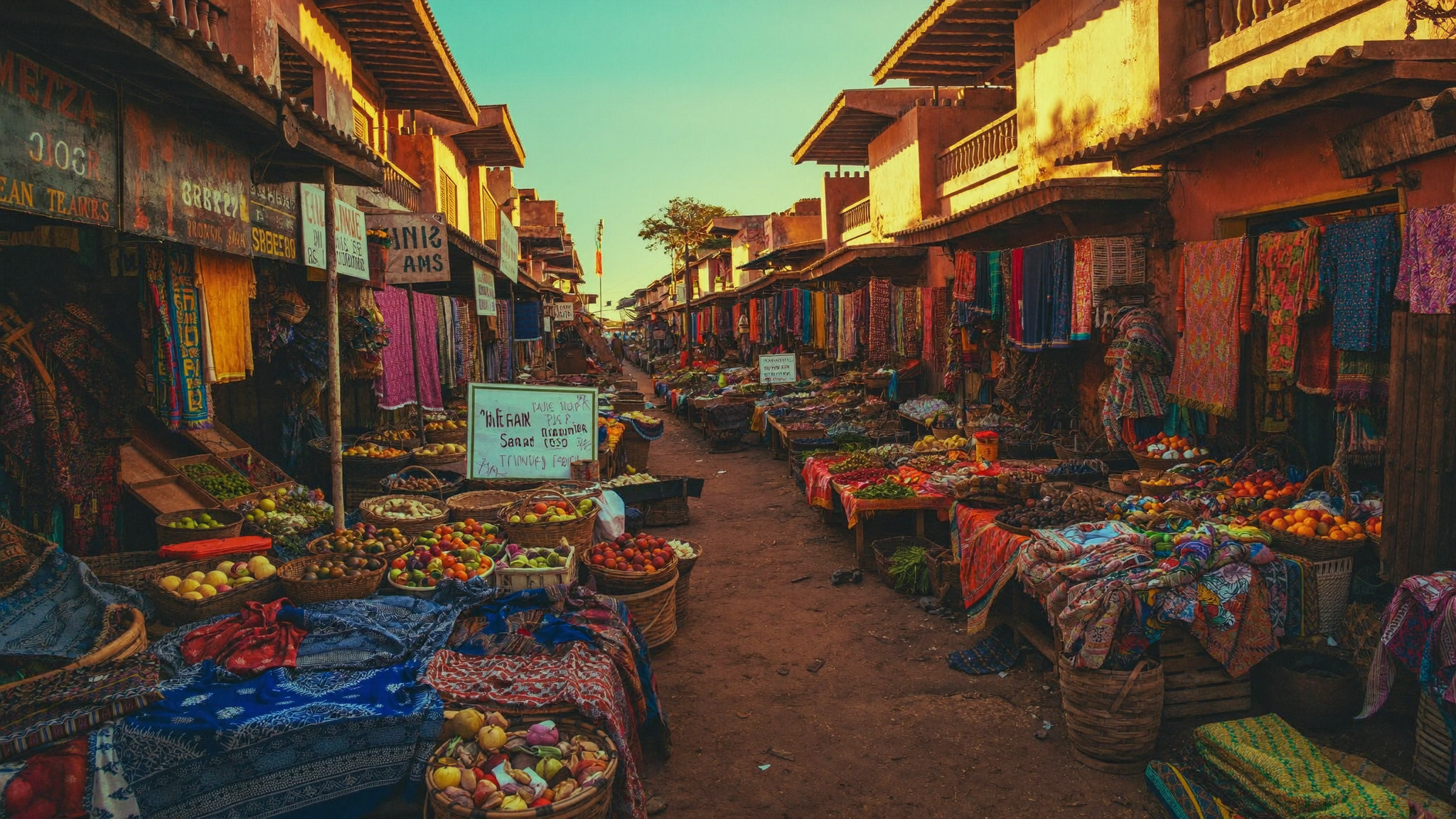 Touriste dans le marché animé de Sandaga à Dakar, étals colorés et foule locale en fin d'après-midi