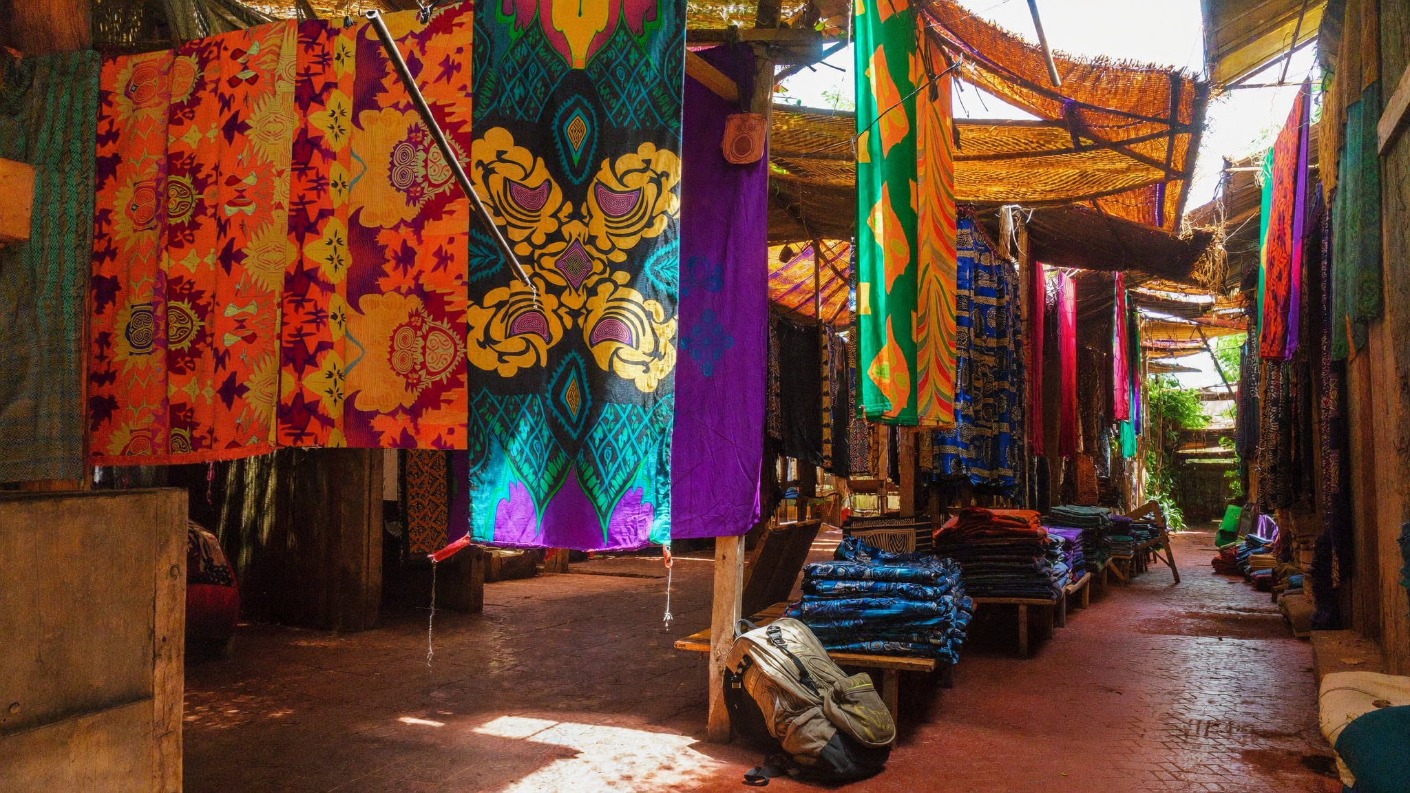 Voyageur solo avec sac à dos traversant un marché coloré d'Abidjan, étals de tissus wax en arrière-plan
