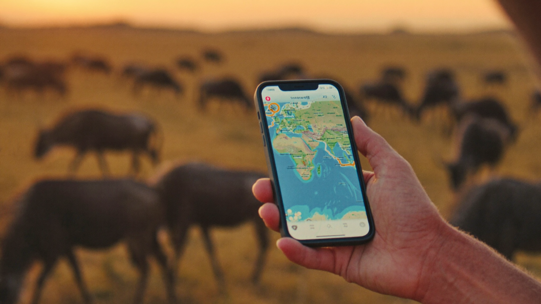Close-up of traveller's hands holding smartphone showing offline map, grazing wildebeest blurred in the background