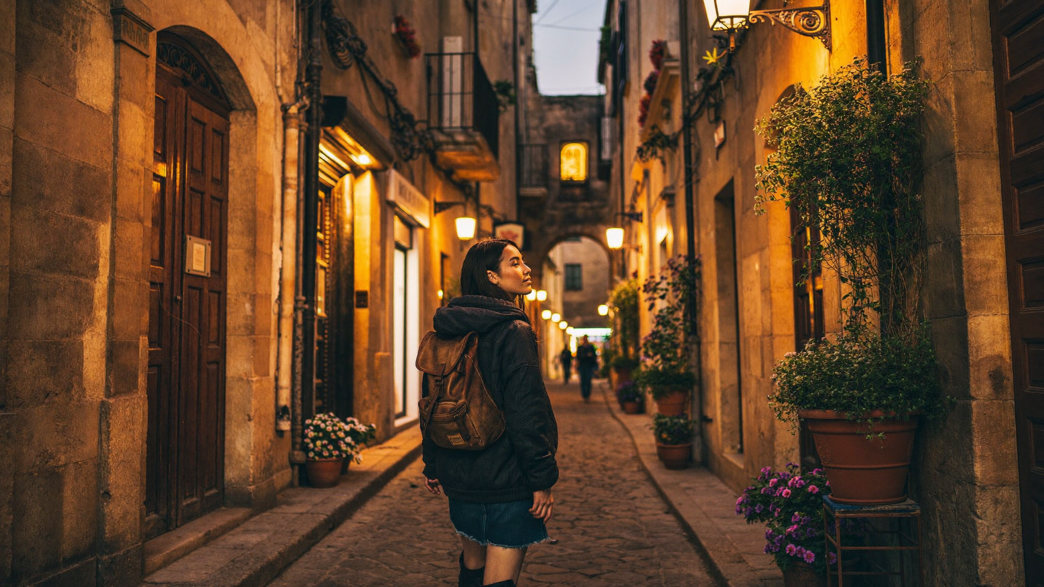Solo traveller exploring a narrow cobblestone alley in Istanbul's old town at dusk