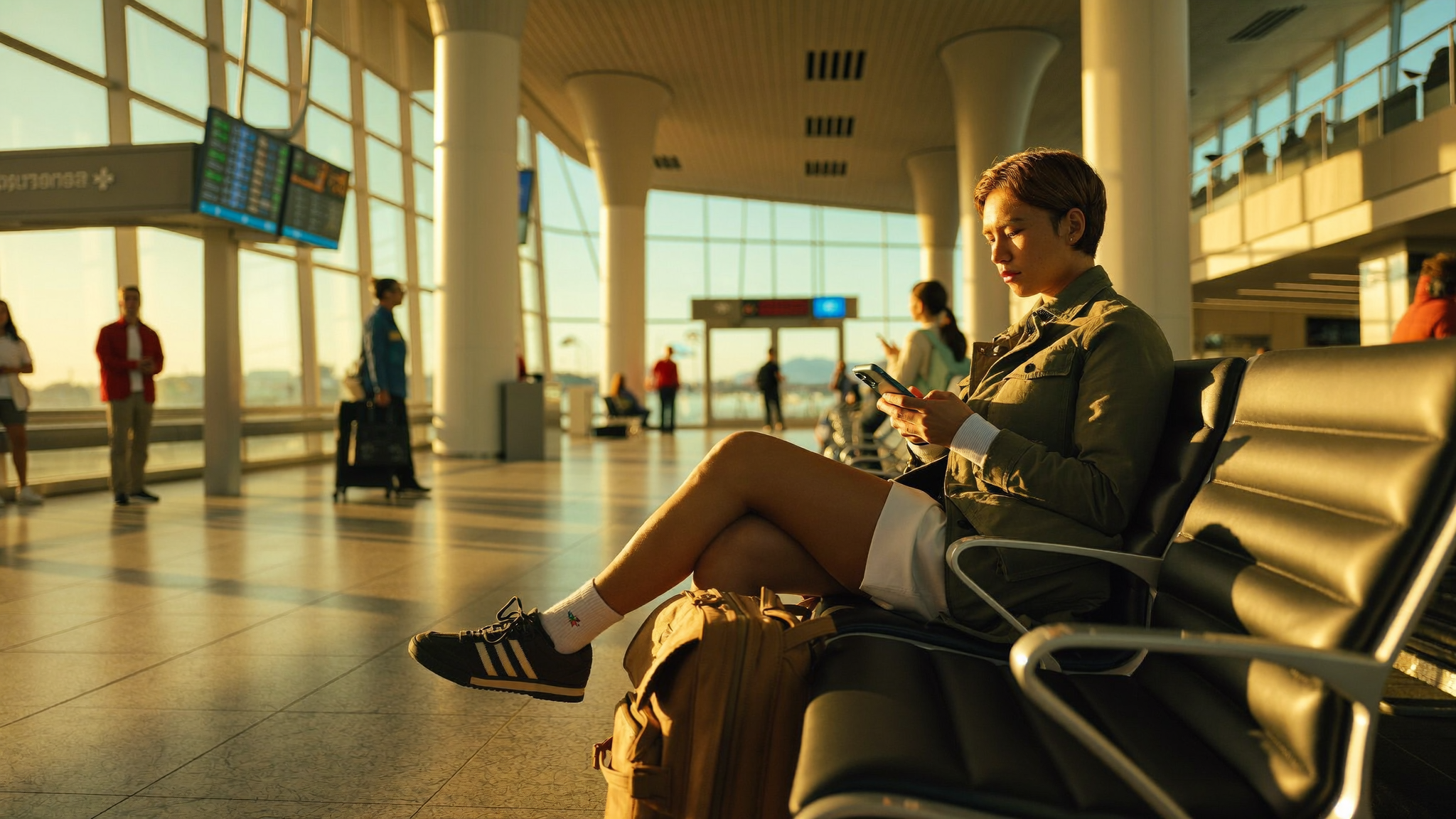 Solo traveller with a backpack sitting on a bench at a sunlit international airport terminal, looking thoughtfully at their phone