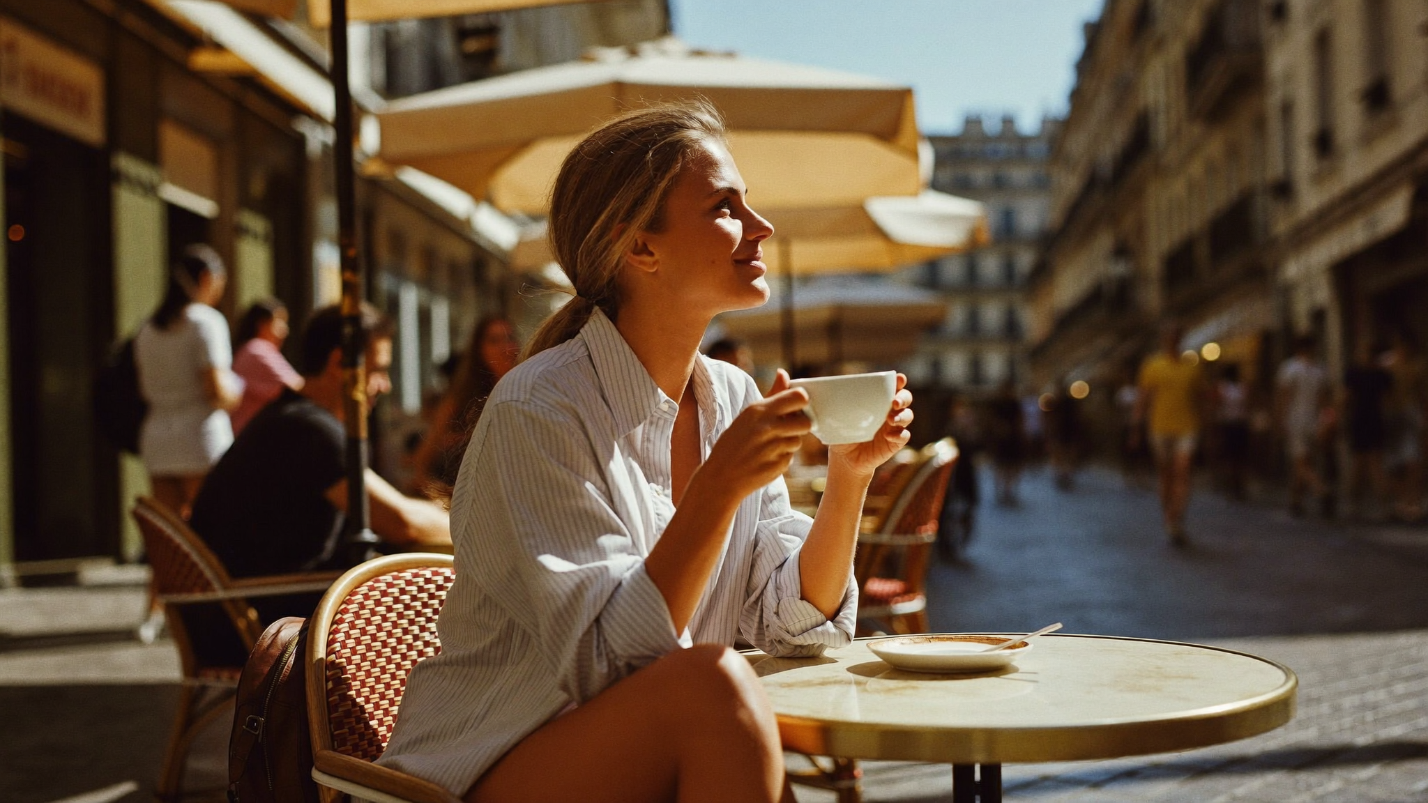 Traveller seated at a sunny outdoor café in a foreign city