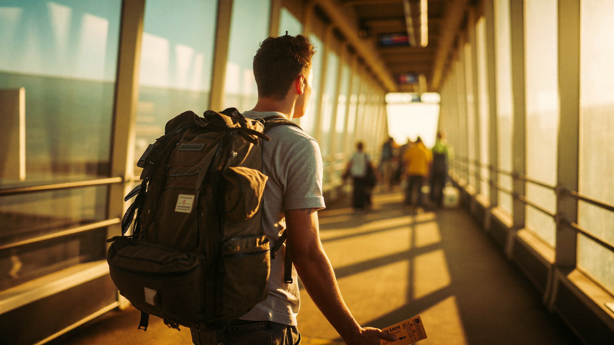 Backpacker boarding a plane at an airport gate, golden morning light streaming through large windows