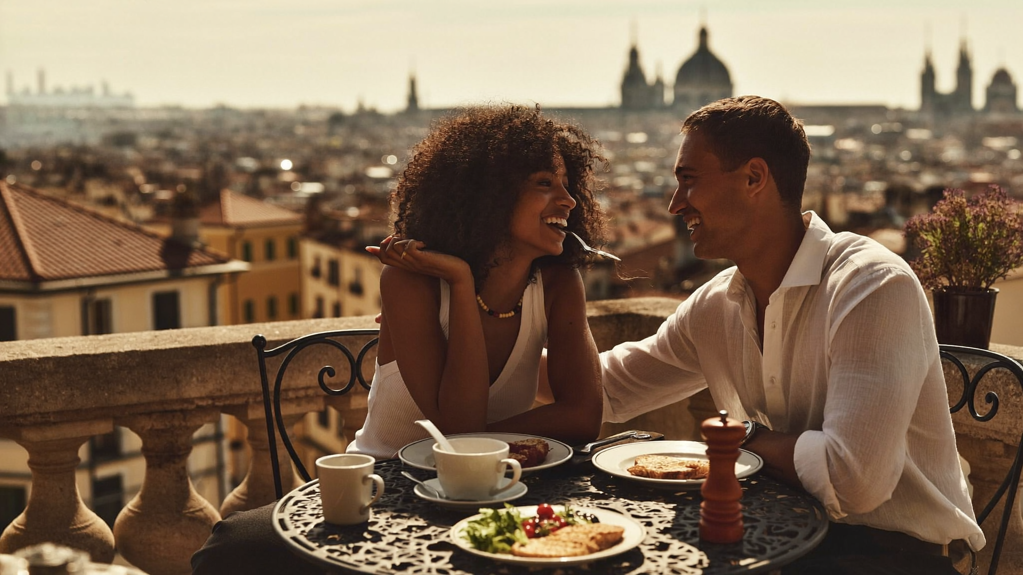 Couple sitting at an outdoor café terrace, city skyline visible in the background