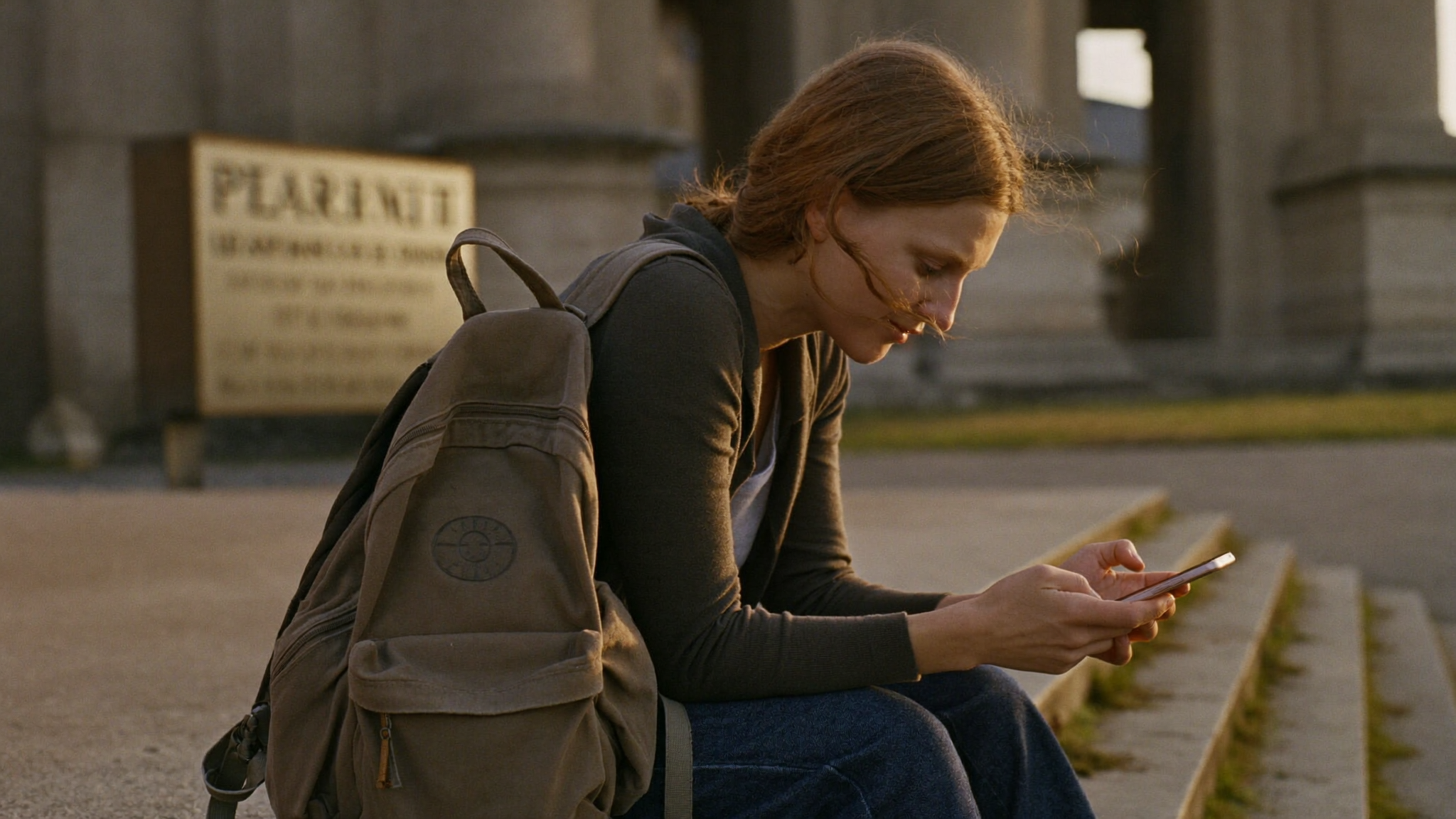 Solo backpacker checking phone while sitting on steps outside a historic European monument