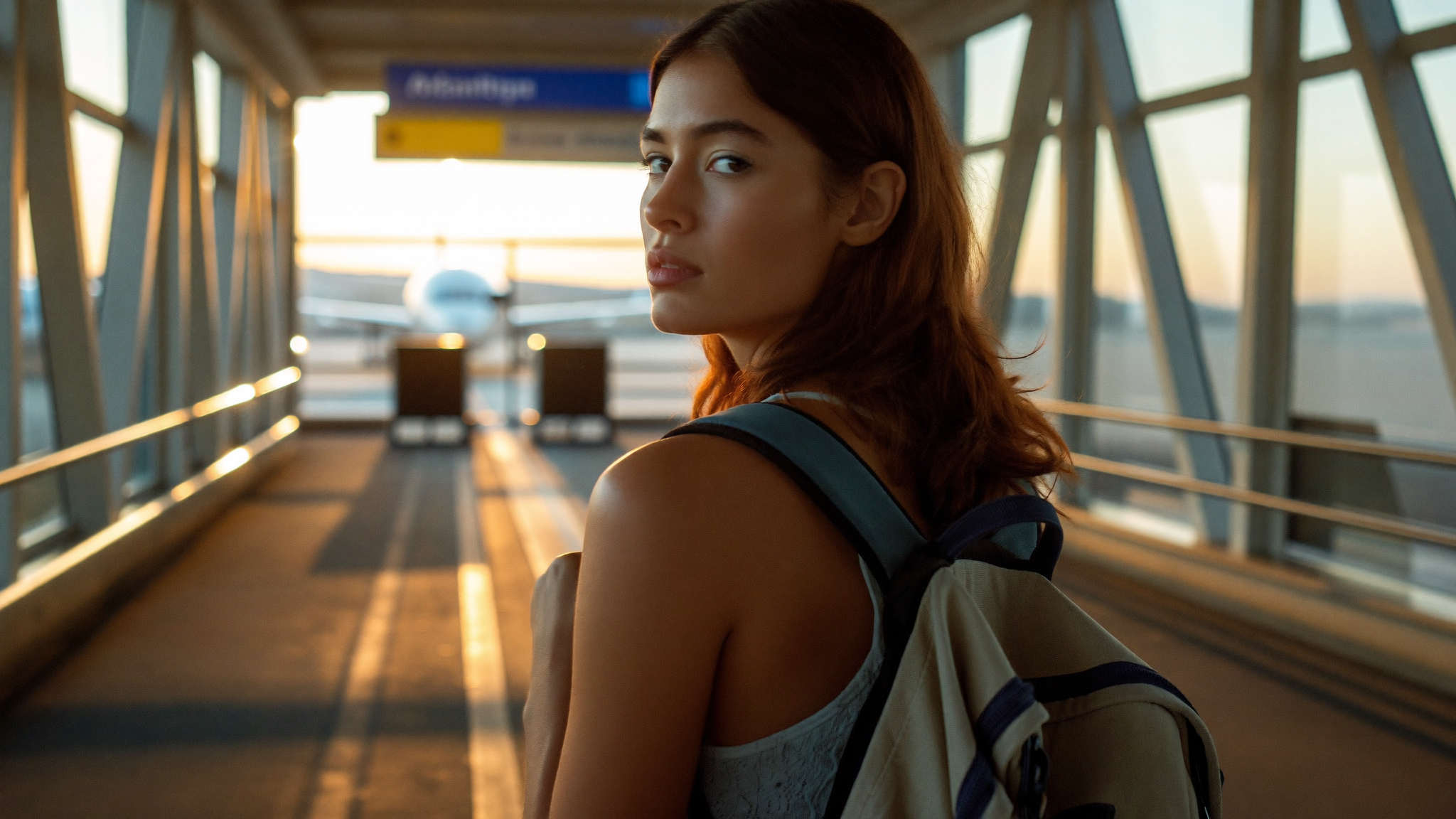 Solo traveller sipping coffee at a sunlit European café terrace, backpack resting on the chair beside her