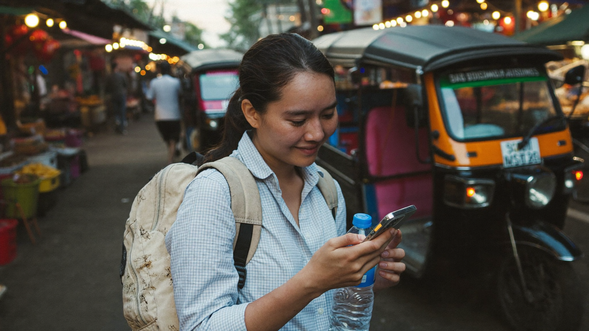 Backpacker browsing phone at a busy Southeast Asian street market, tuk-tuks in the background