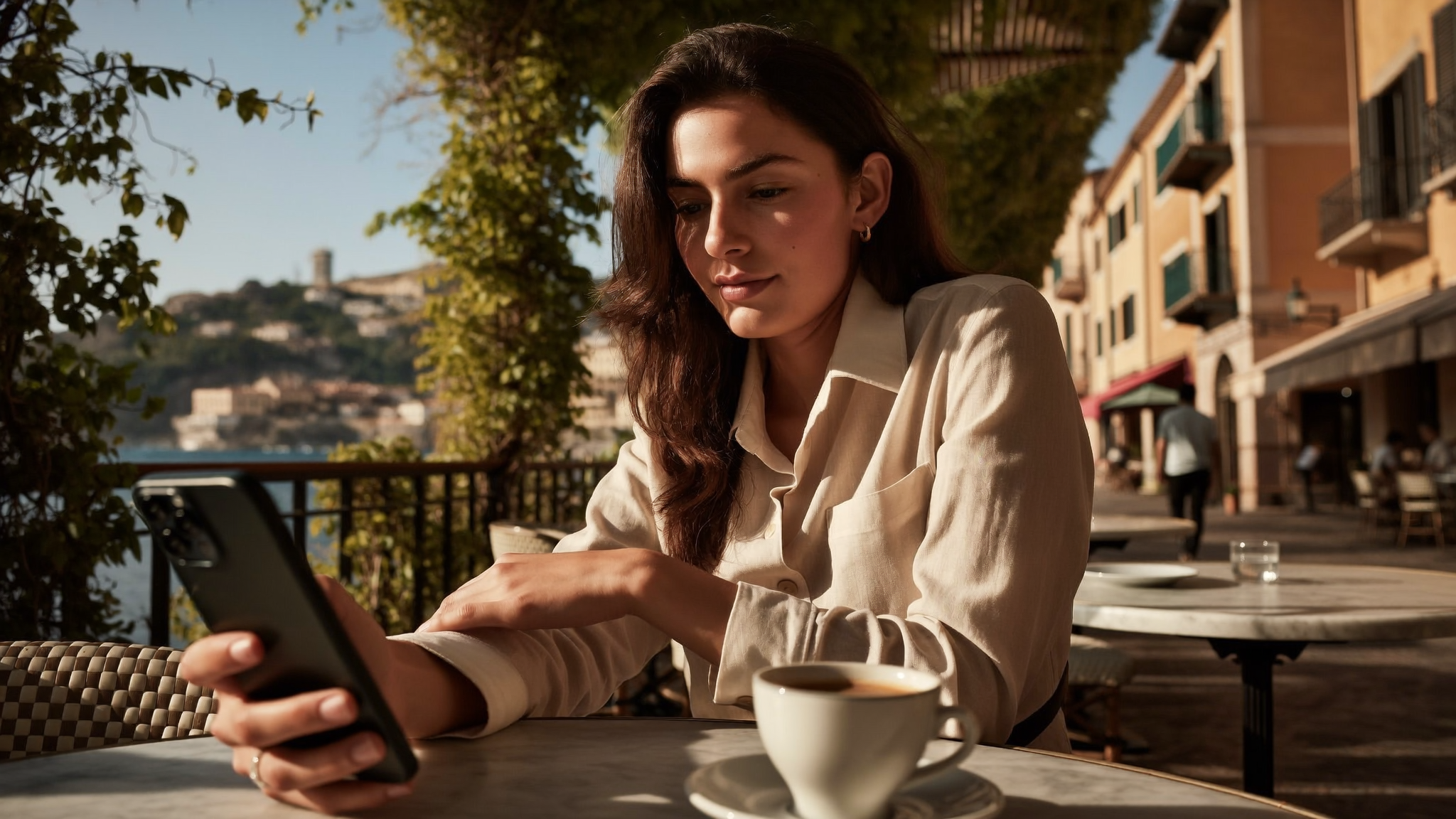 Traveller sitting at a sunlit café terrace abroad, confidently using their smartphone, coffee cup beside them