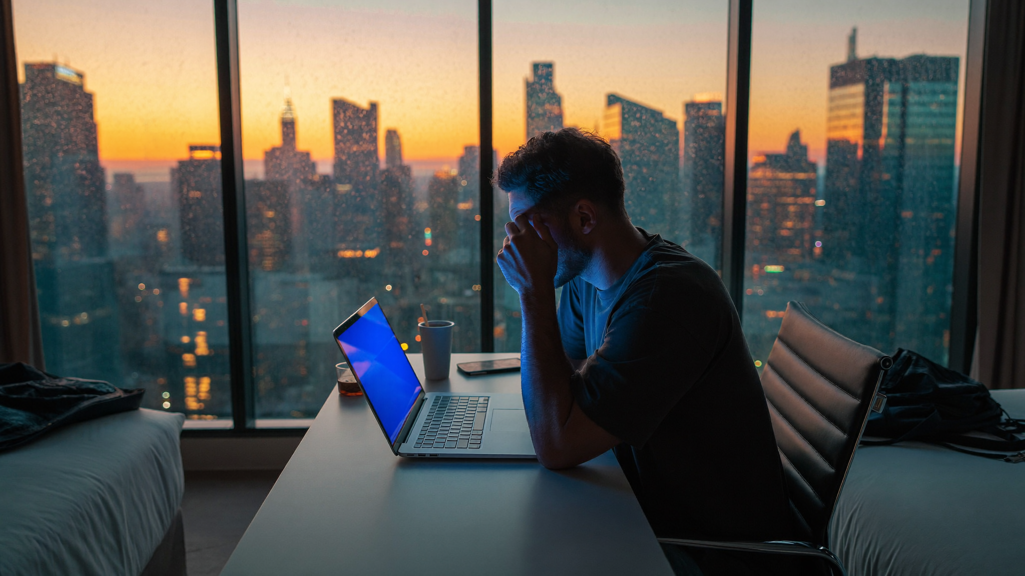 Solo traveller at a hotel room desk, laptop open, frustrated expression, city view through window behind