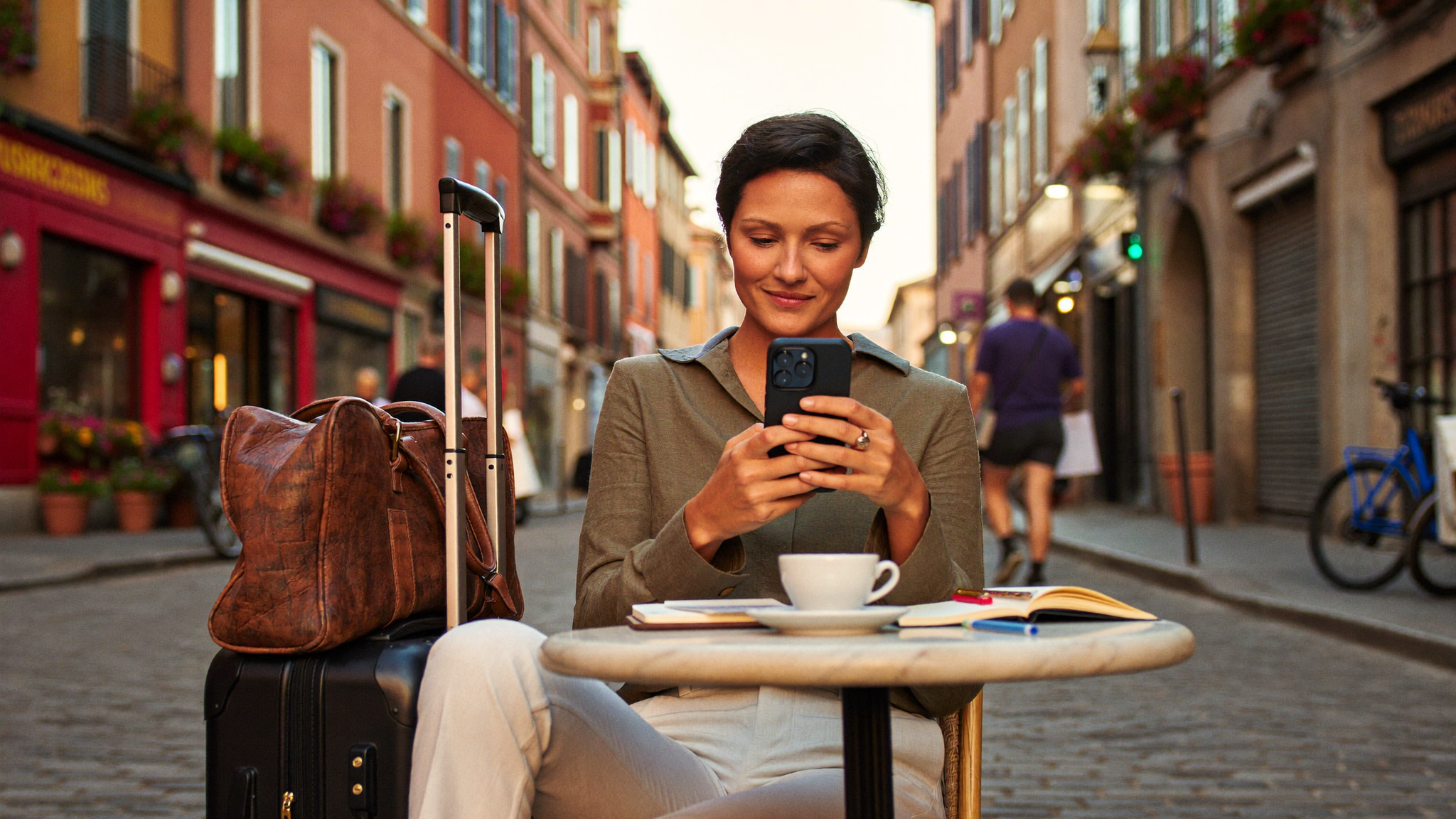 Traveller glancing at phone, seated at a café abroad, luggage beside the chair