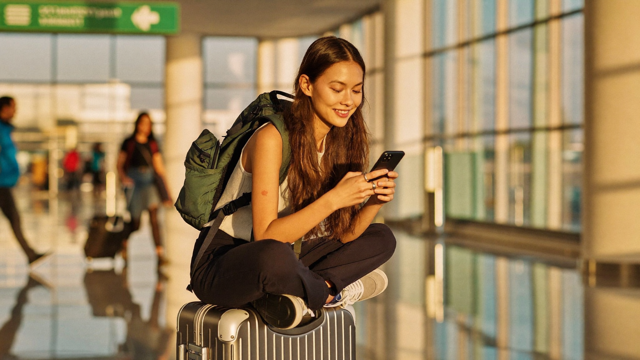 Solo traveller sitting on a suitcase at a bright airport terminal, scrolling through a phone app with a relaxed expression