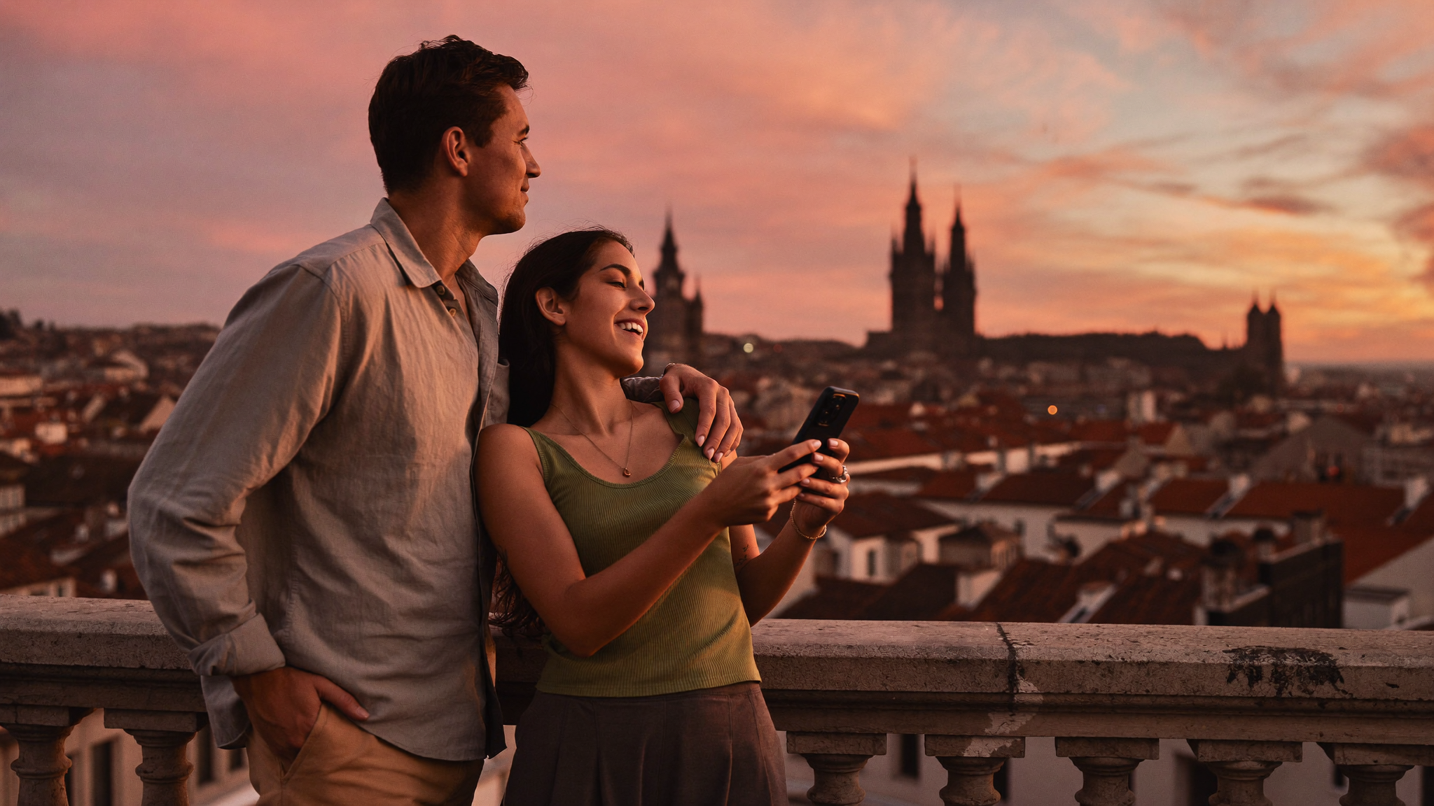 Couple at a scenic rooftop terrace overlooking a European city skyline at dusk, one person holding a smartphone