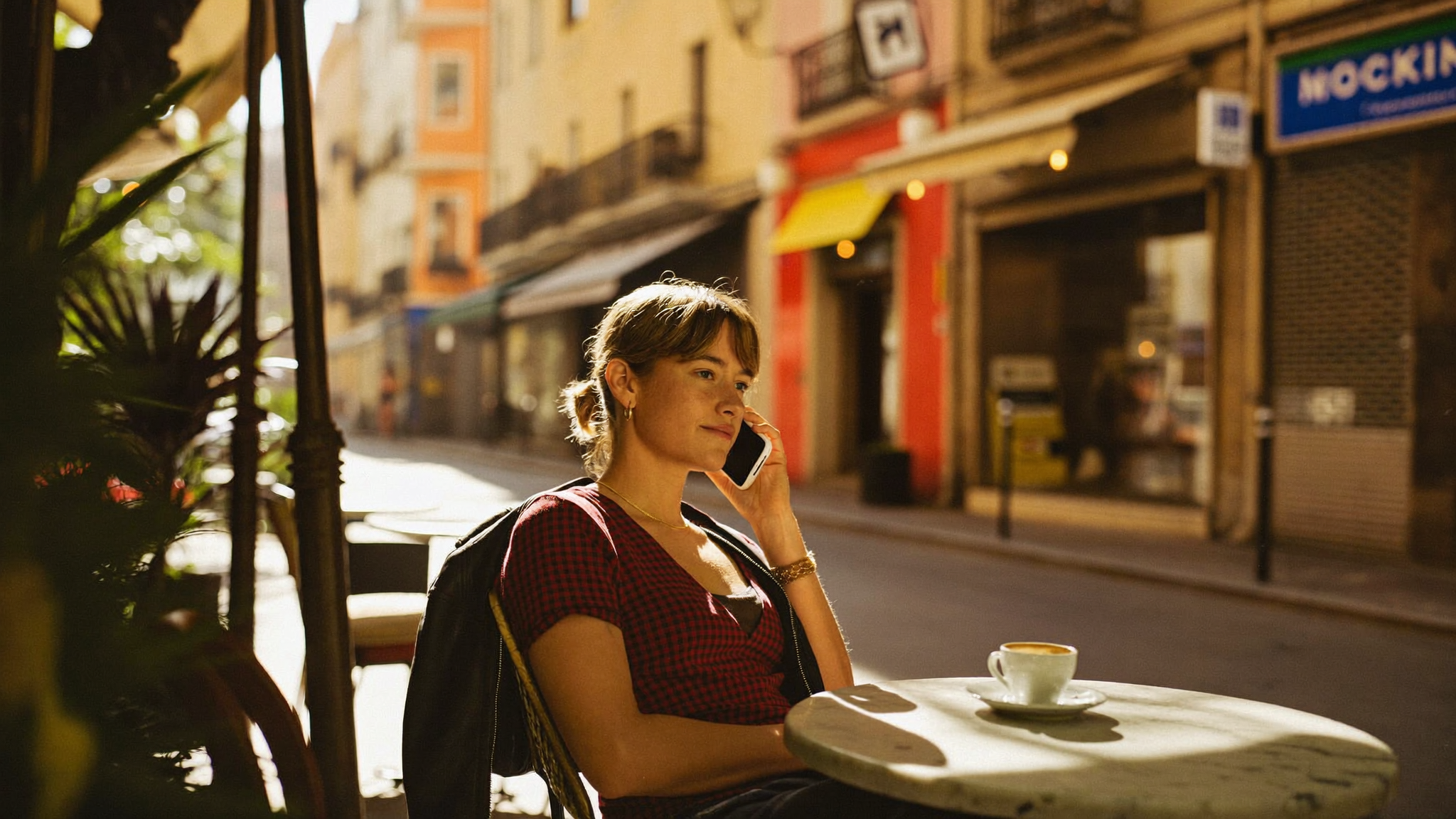 Person sitting at a sunlit café terrace abroad, phone held to ear mid-call, coffee cup on the table, relaxed and unhurried