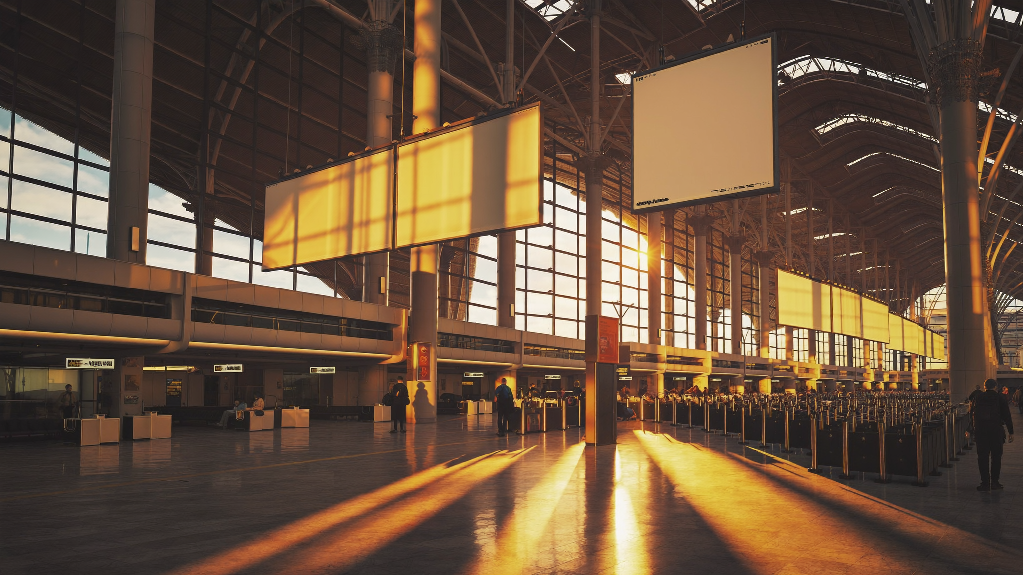 Wide-angle shot of a busy international airport departure hall at golden hour, travellers in motion with luggage, large destination boards overhead, warm natural light streaming through floor-to-ceiling windows