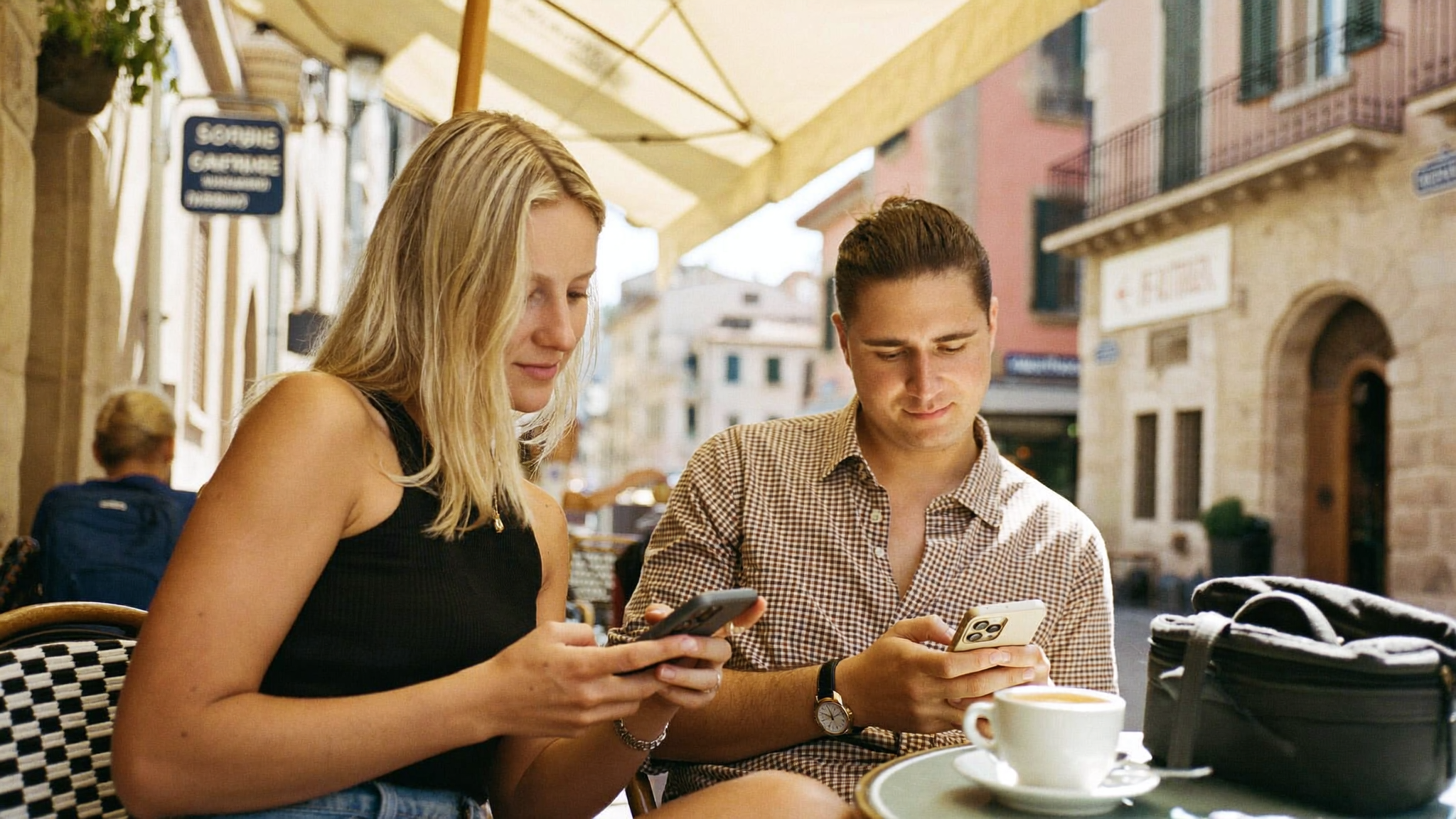 Couple sitting at a sunlit outdoor café abroad, both scrolling their phones with bags resting beside them