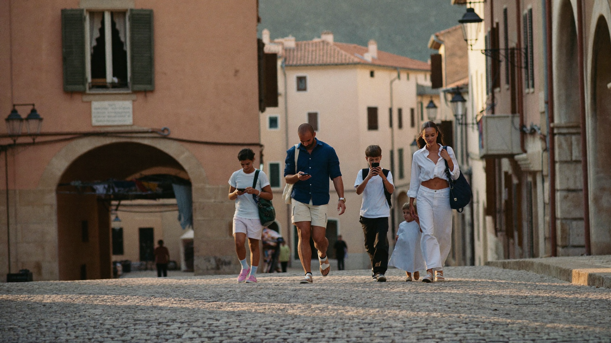 Family exploring a sunlit historic old town street, each holding their phones and walking independently